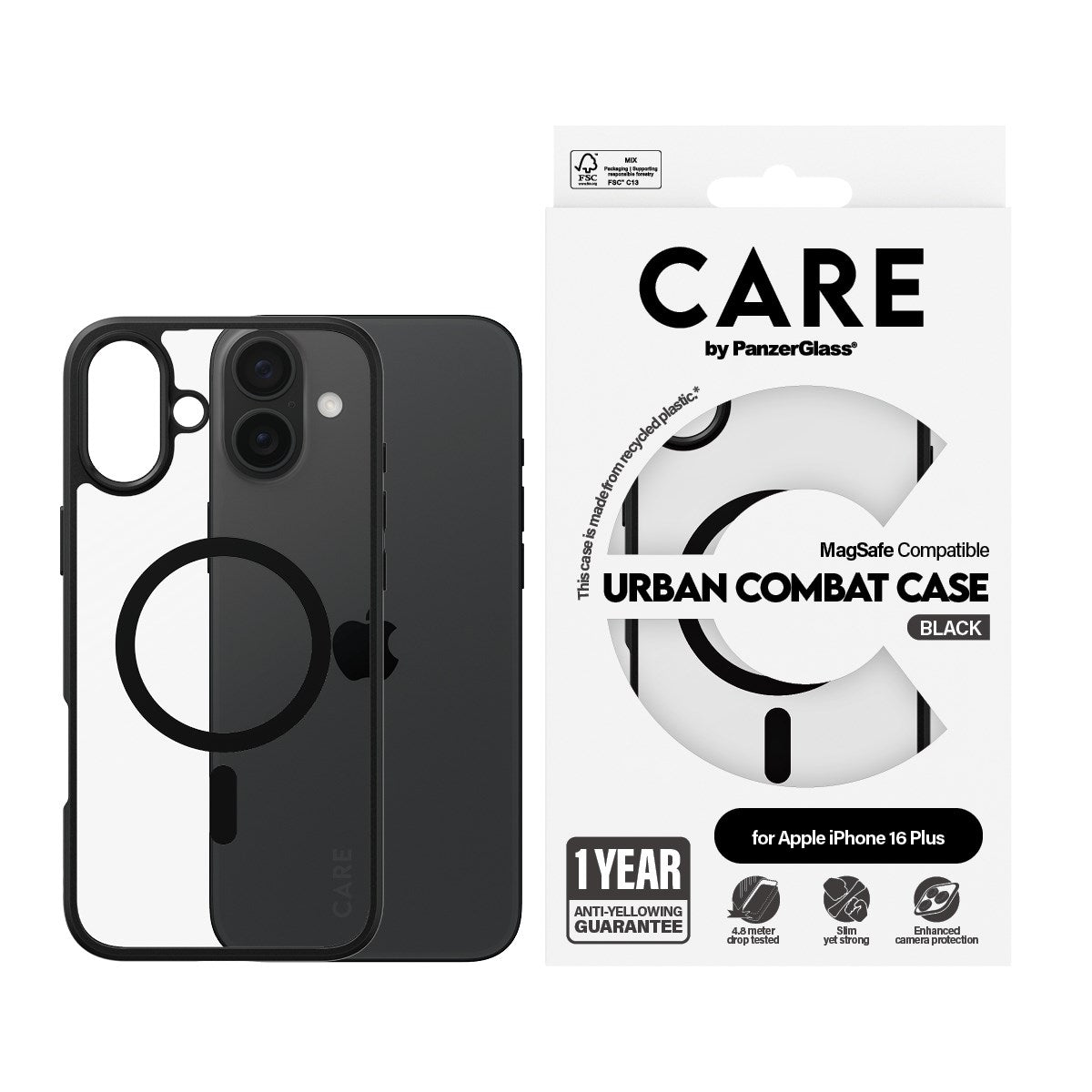 CARE by PanzerGlass® Urban Combat Case Transparent m. Sort Ramme & MagSafe iPhone 16 Plus