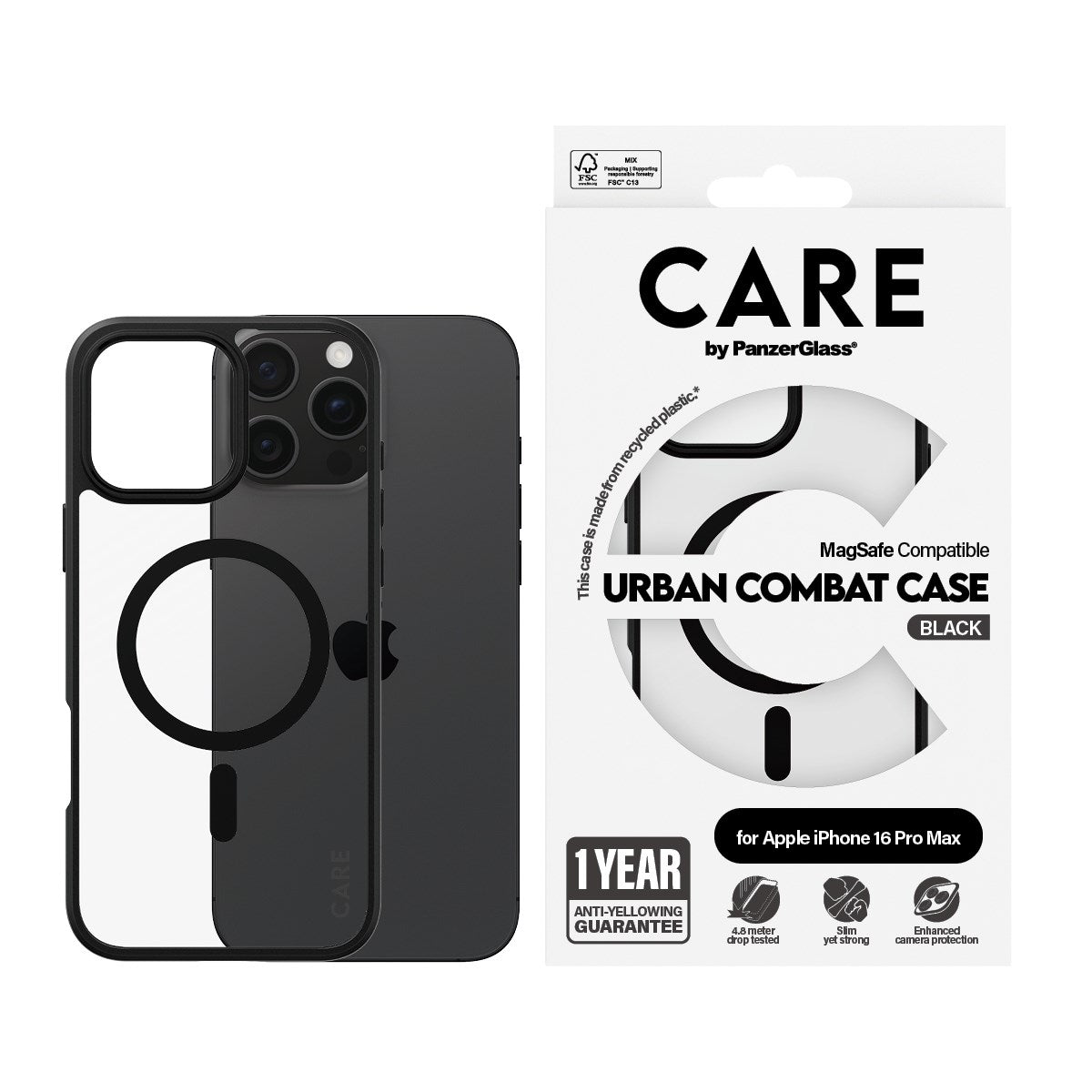 CARE by PanzerGlass® Urban Combat Case Transparent m. Sort Ramme & MagSafe iPhone 16 Pro Max