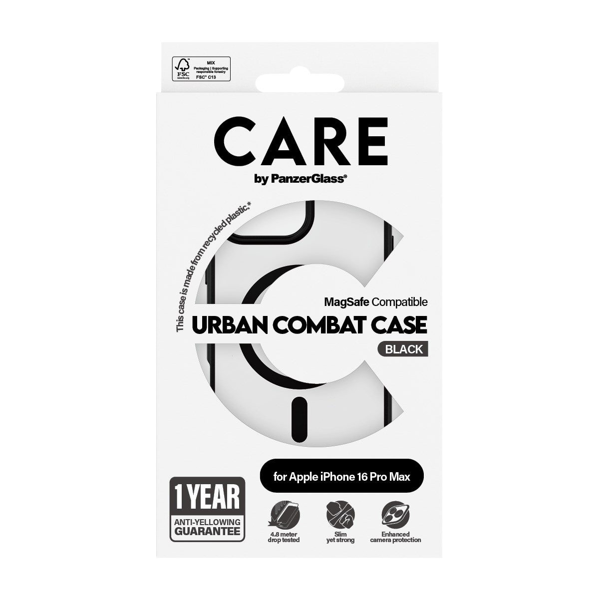 CARE by PanzerGlass® Urban Combat Case Transparent m. Sort Ramme & MagSafe iPhone 16 Pro Max