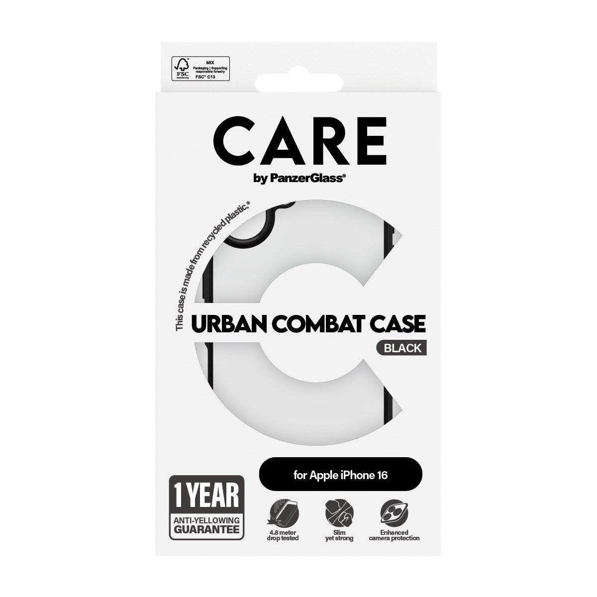 CARE by PanzerGlass® Urban Combat Case Transparent m. Sort Ramme iPhone 16