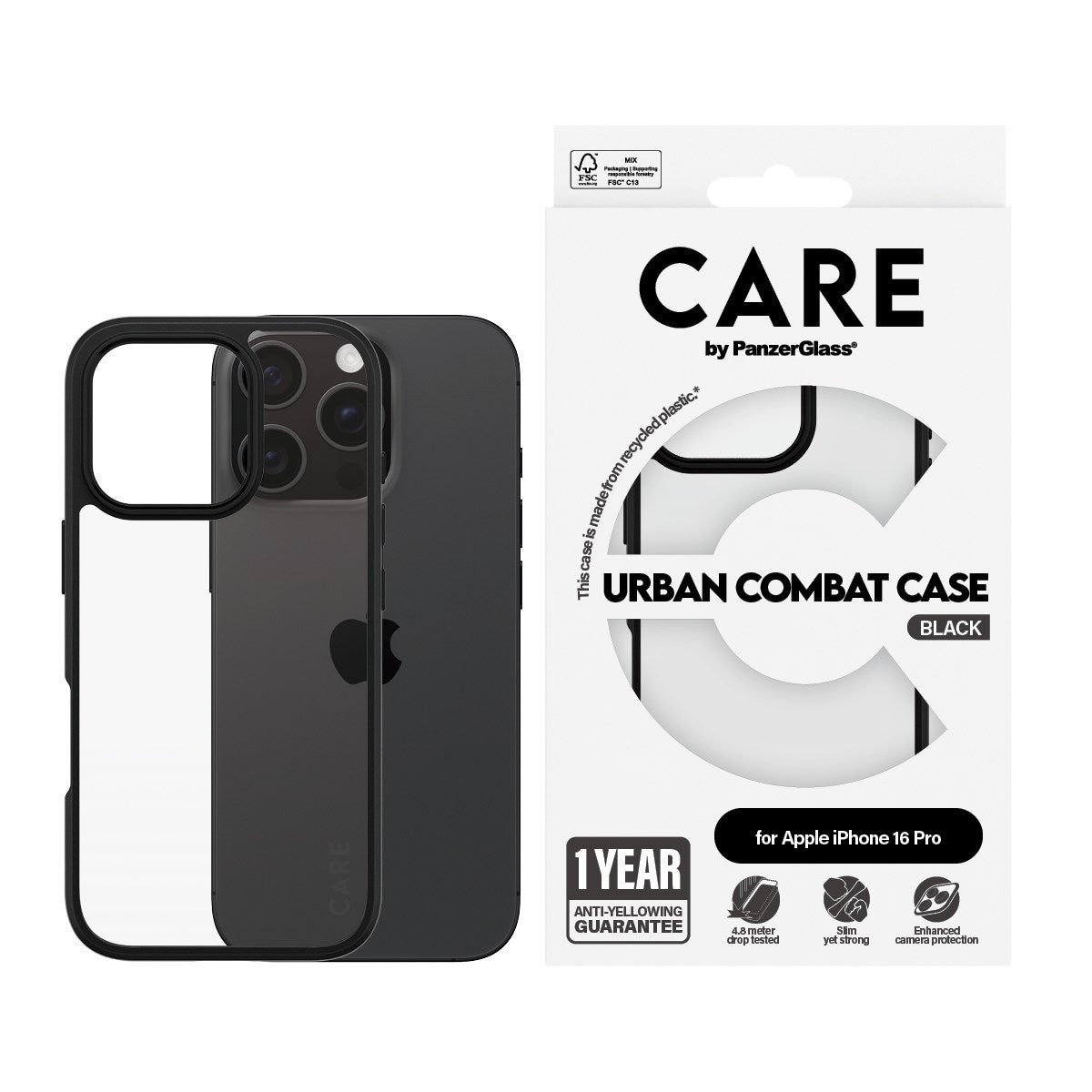 CARE by PanzerGlass® Urban Combat Case Transparent m. Sort Ramme iPhone 16 Pro