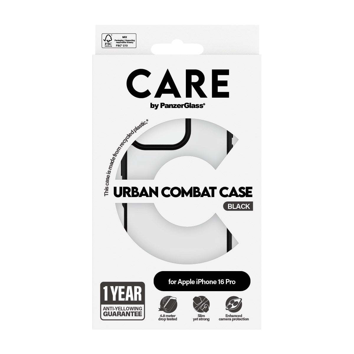 CARE by PanzerGlass® Urban Combat Case Transparent m. Sort Ramme iPhone 16 Pro