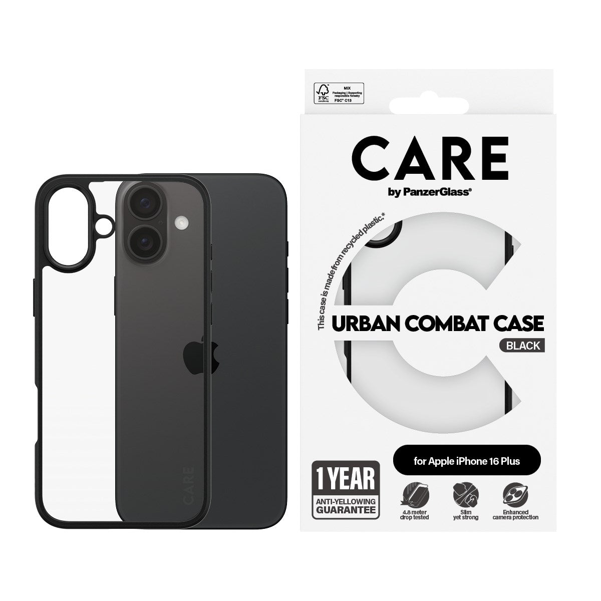 CARE by PanzerGlass® Urban Combat Case Transparent m. Sort Ramme iPhone 16 Plus