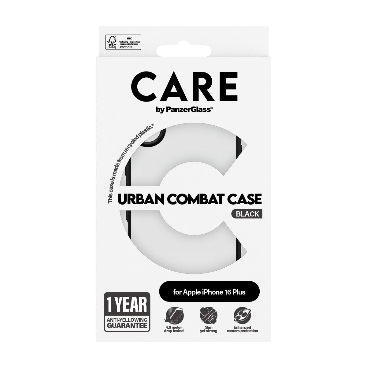 CARE by PanzerGlass® Urban Combat Case Transparent m. Sort Ramme iPhone 16 Plus