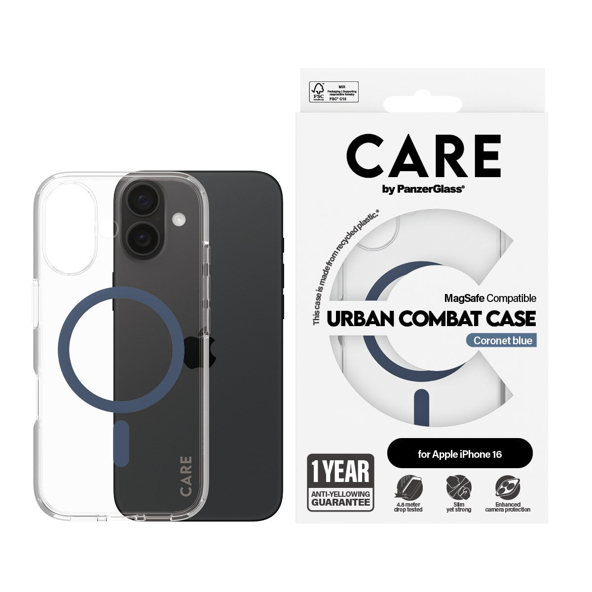 CARE by PanzerGlass® Urban Combat Case Transparent m. Blå MagSafe iPhone 16
