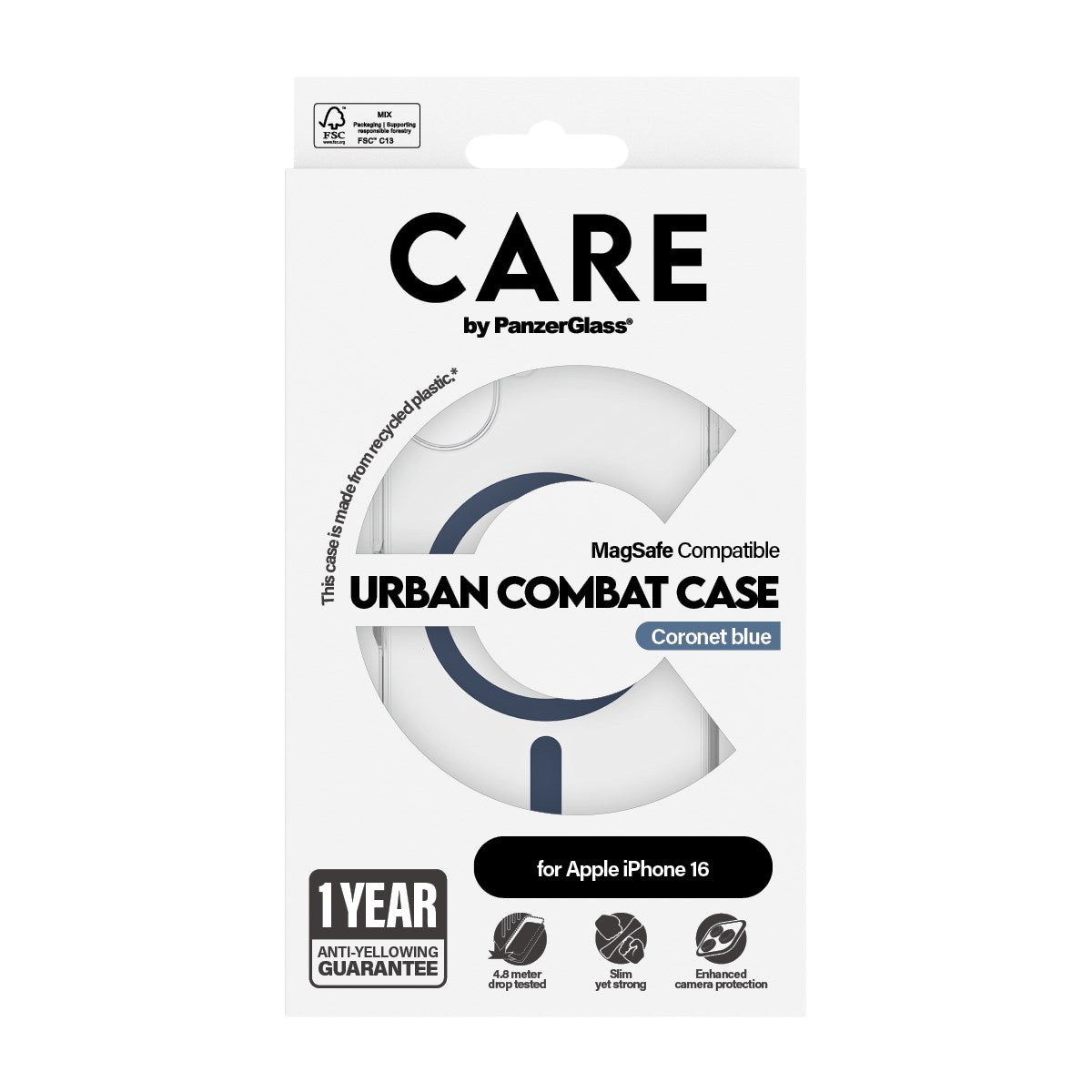 CARE by PanzerGlass® Urban Combat Case Transparent m. Blå MagSafe iPhone 16