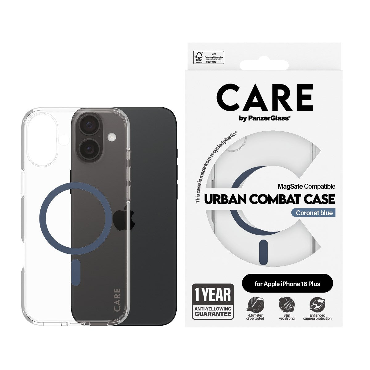 CARE by PanzerGlass® Urban Combat Case Transparent m. Blå MagSafe iPhone 16 Plus