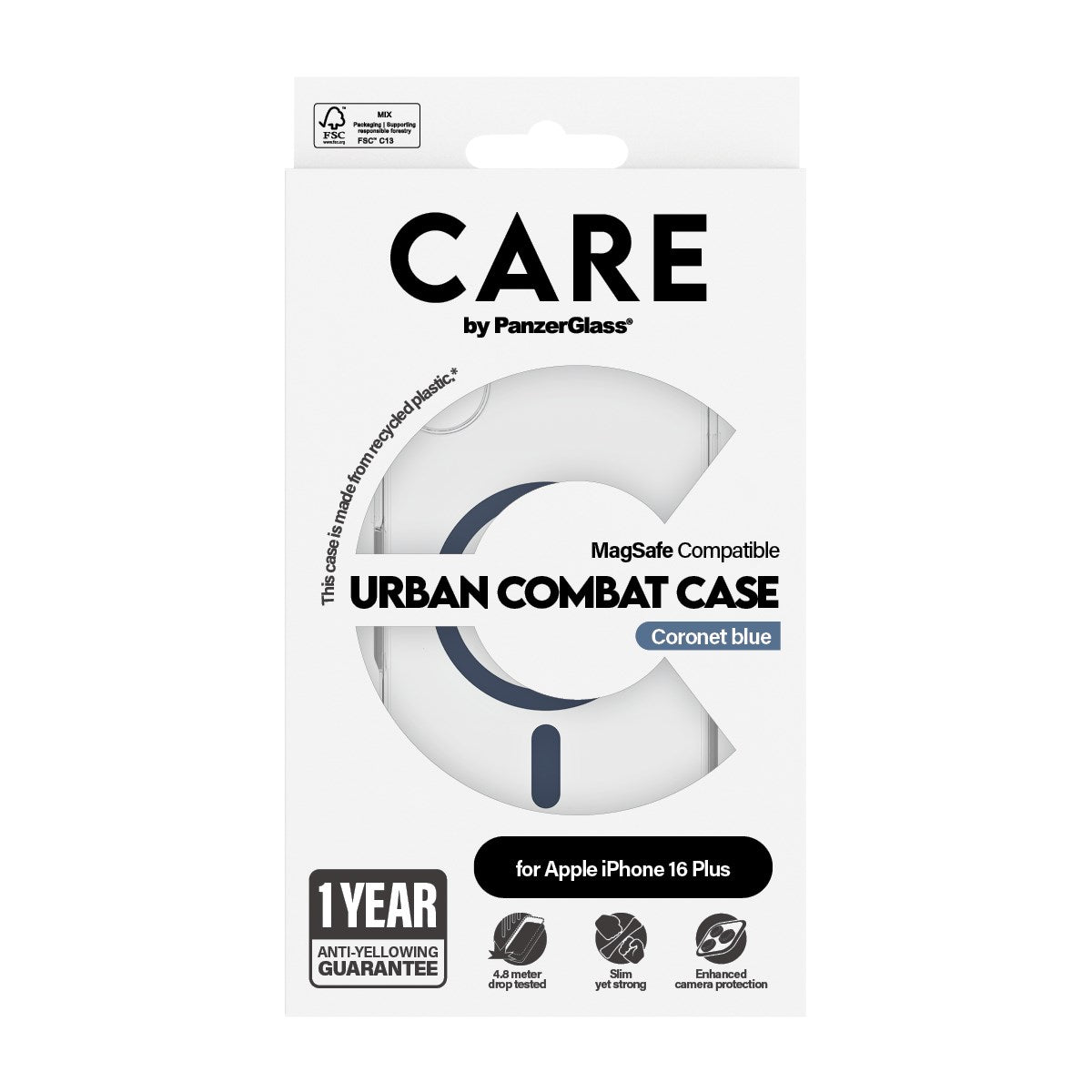 CARE by PanzerGlass® Urban Combat Case Transparent m. Blå MagSafe iPhone 16 Plus