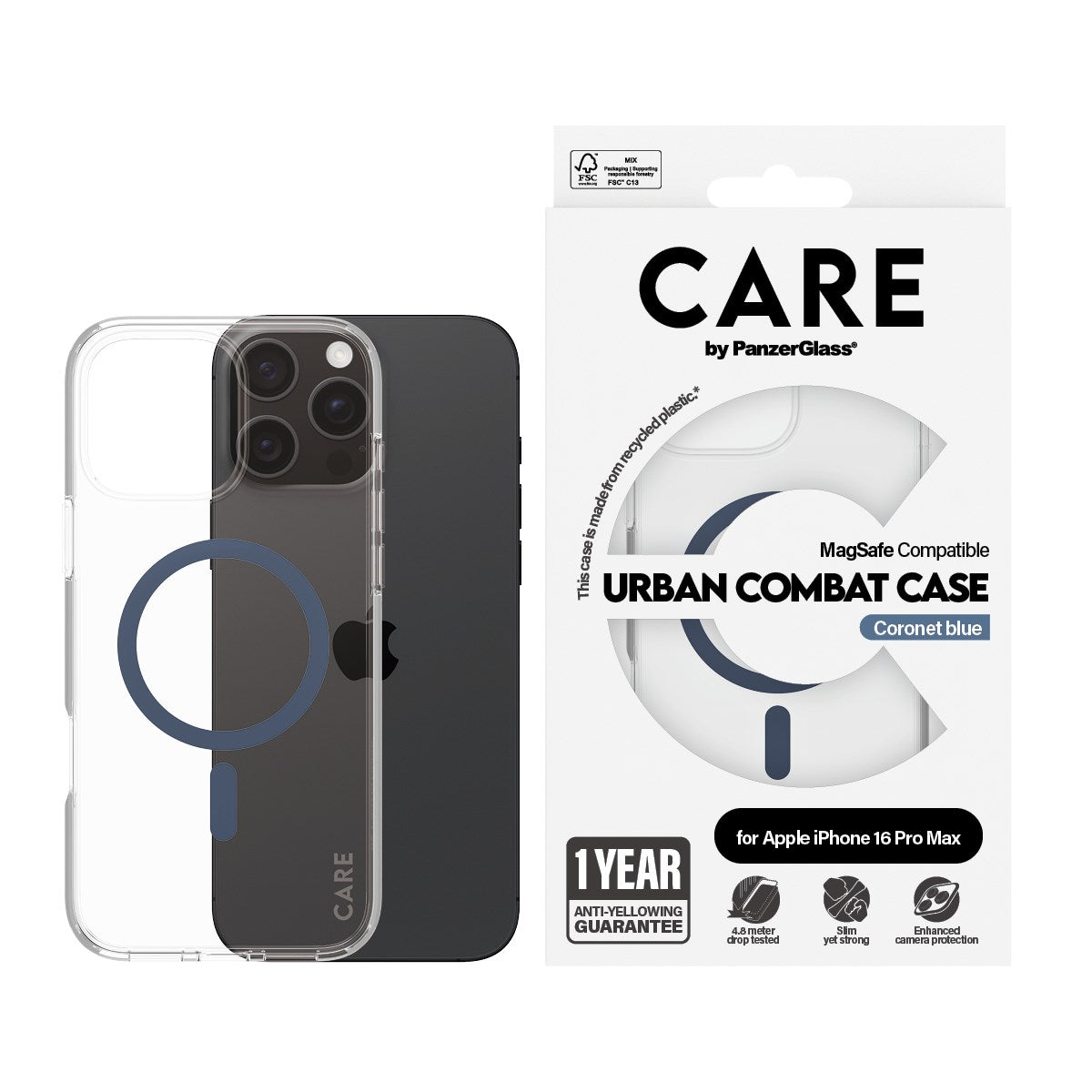 CARE by PanzerGlass® Urban Combat Case Transparent m. Blå MagSafe iPhone 16 Pro Max