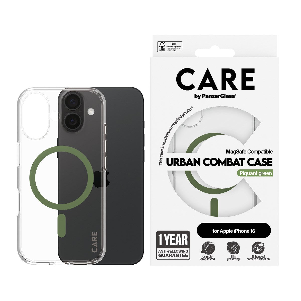 CARE by PanzerGlass® Urban Combat Case Transparent m. Grøn MagSafe iPhone 16