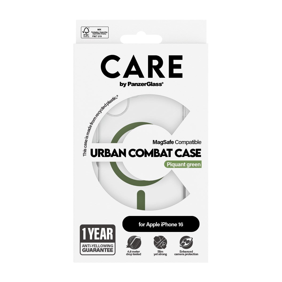 CARE by PanzerGlass® Urban Combat Case Transparent m. Grøn MagSafe iPhone 16