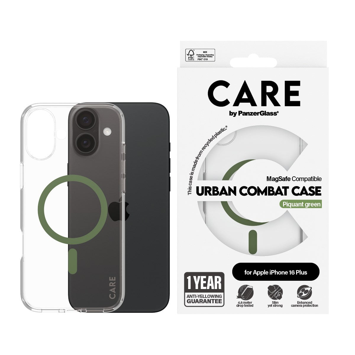 CARE by PanzerGlass® Urban Combat Case Transparent m. Grøn MagSafe iPhone 16 Plus