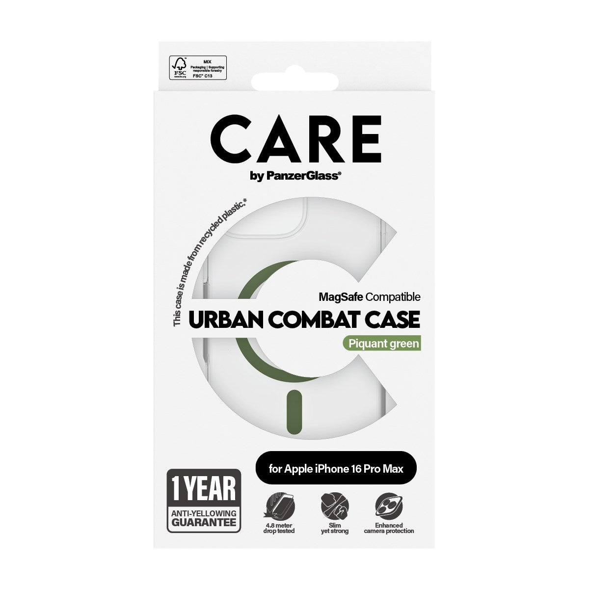 CARE by PanzerGlass® Urban Combat Case Transparent m. Grøn MagSafe iPhone 16 Pro Max