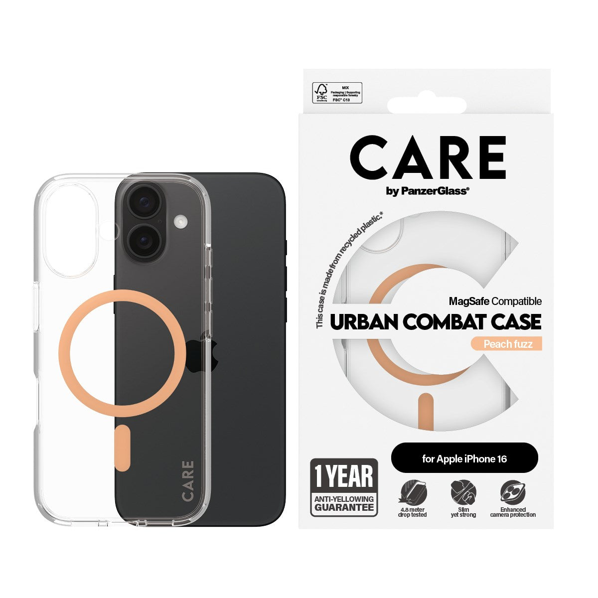 CARE by PanzerGlass® Urban Combat Case Transparent m. Peachy MagSafe iPhone 16
