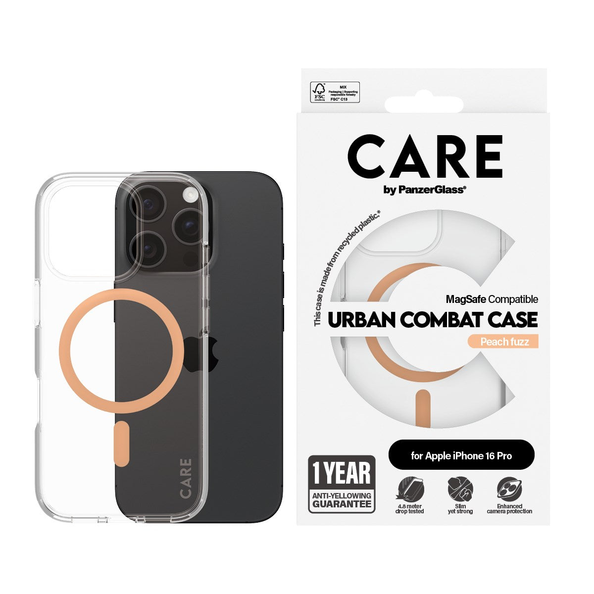 CARE by PanzerGlass® Urban Combat Case Transparent m. Peachy MagSafe iPhone 16 Pro