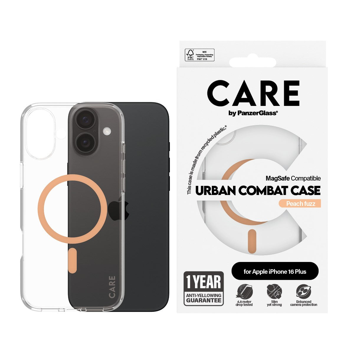 CARE by PanzerGlass® Urban Combat Case Transparent m. Peachy MagSafe iPhone 16 Plus