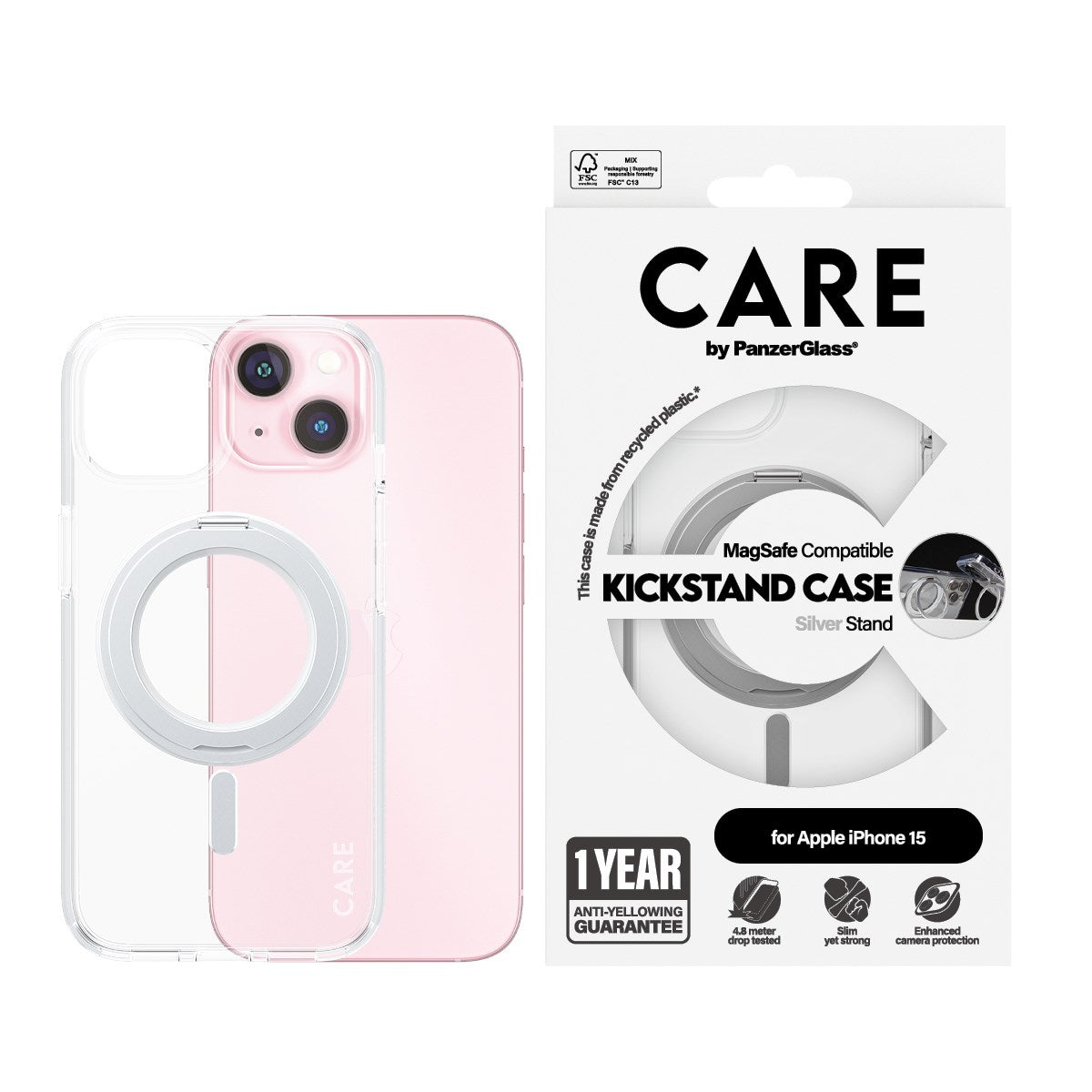 CARE by PanzerGlass® Case Transparent m. Sølv Kickstand & MagSafe iPhone 15
