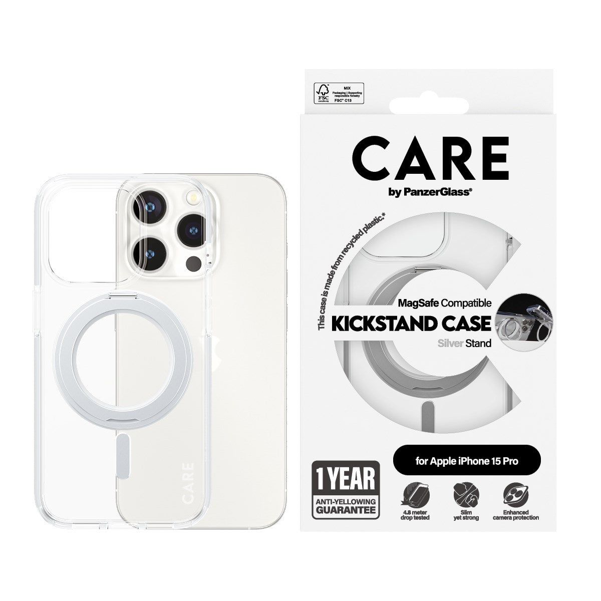 CARE by PanzerGlass® Case Transparent m. Sølv Kickstand & MagSafe iPhone 15 Pro