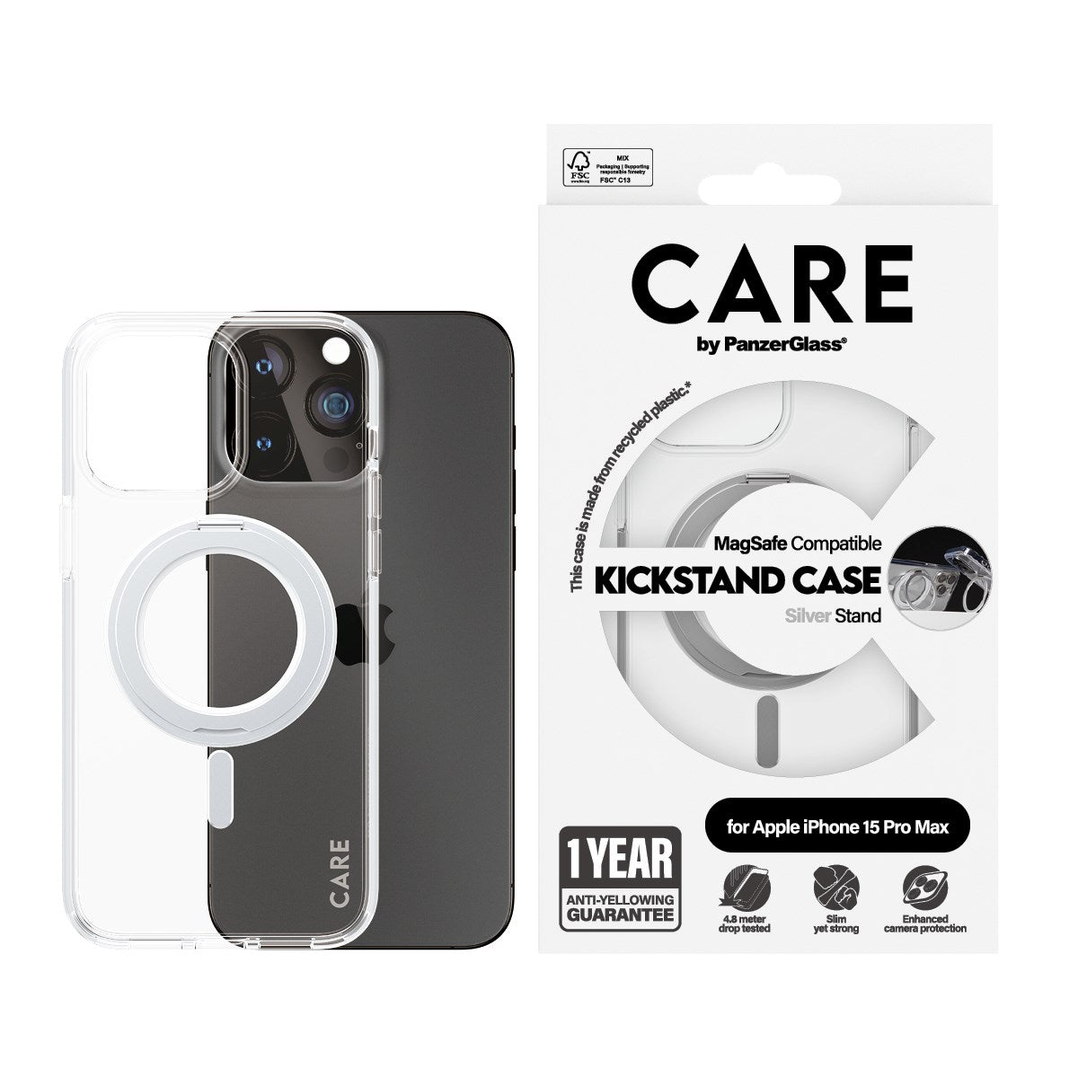 CARE by PanzerGlass® Case Transparent m. Sølv Kickstand & MagSafe iPhone 15 Pro Max