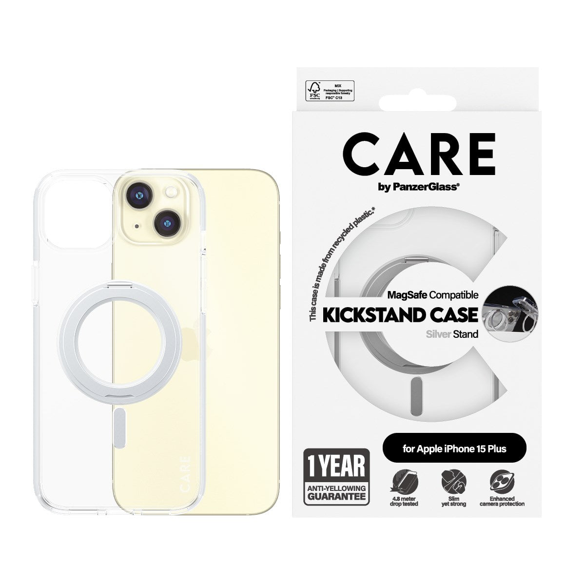 CARE by PanzerGlass® Feature Case Transparent m. Sølv Kickstand & MagSafe iPhone 15 Plus
