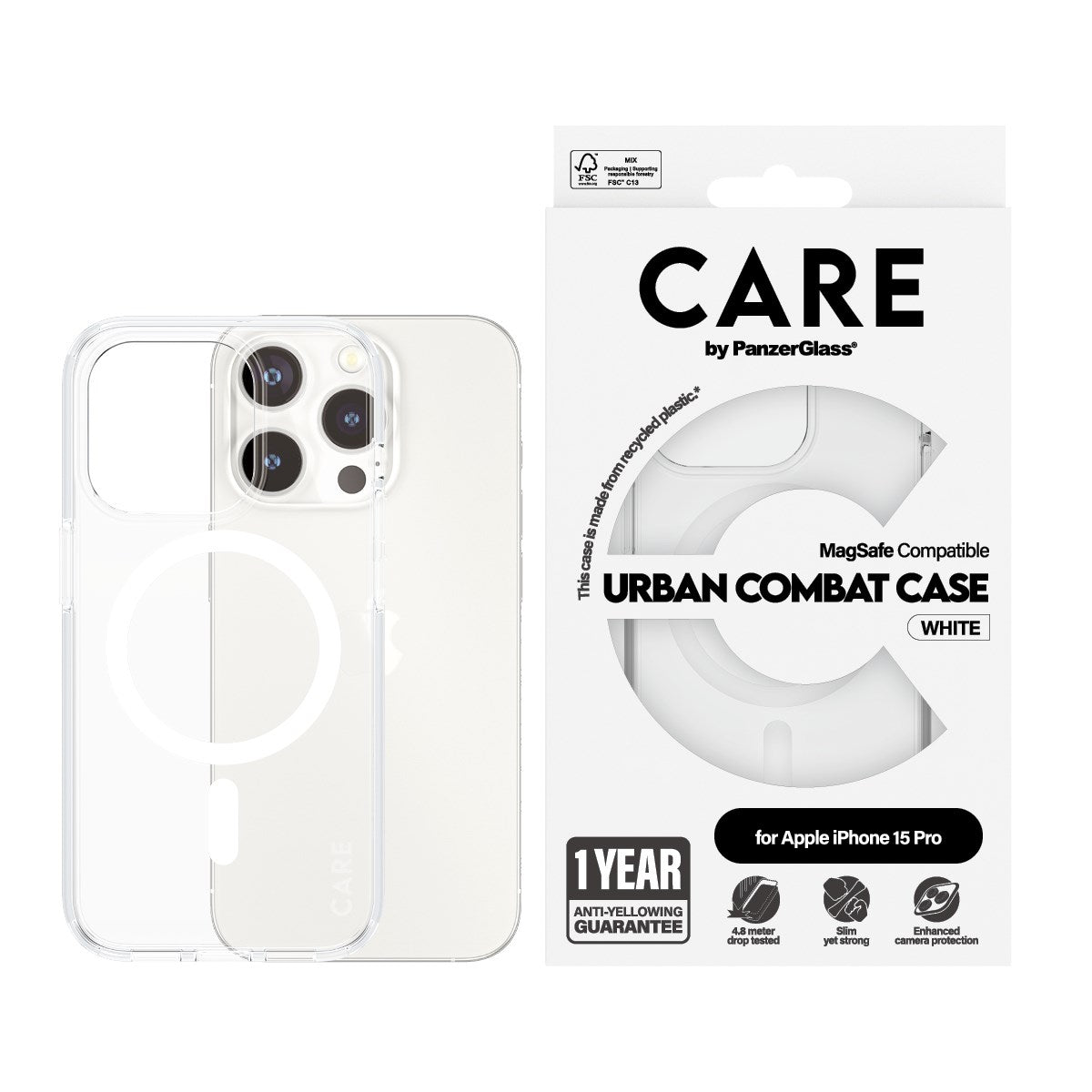 CARE by PanzerGlass® Urban Combat Case Transparent m. Hvid MagSafe iPhone 15 Pro