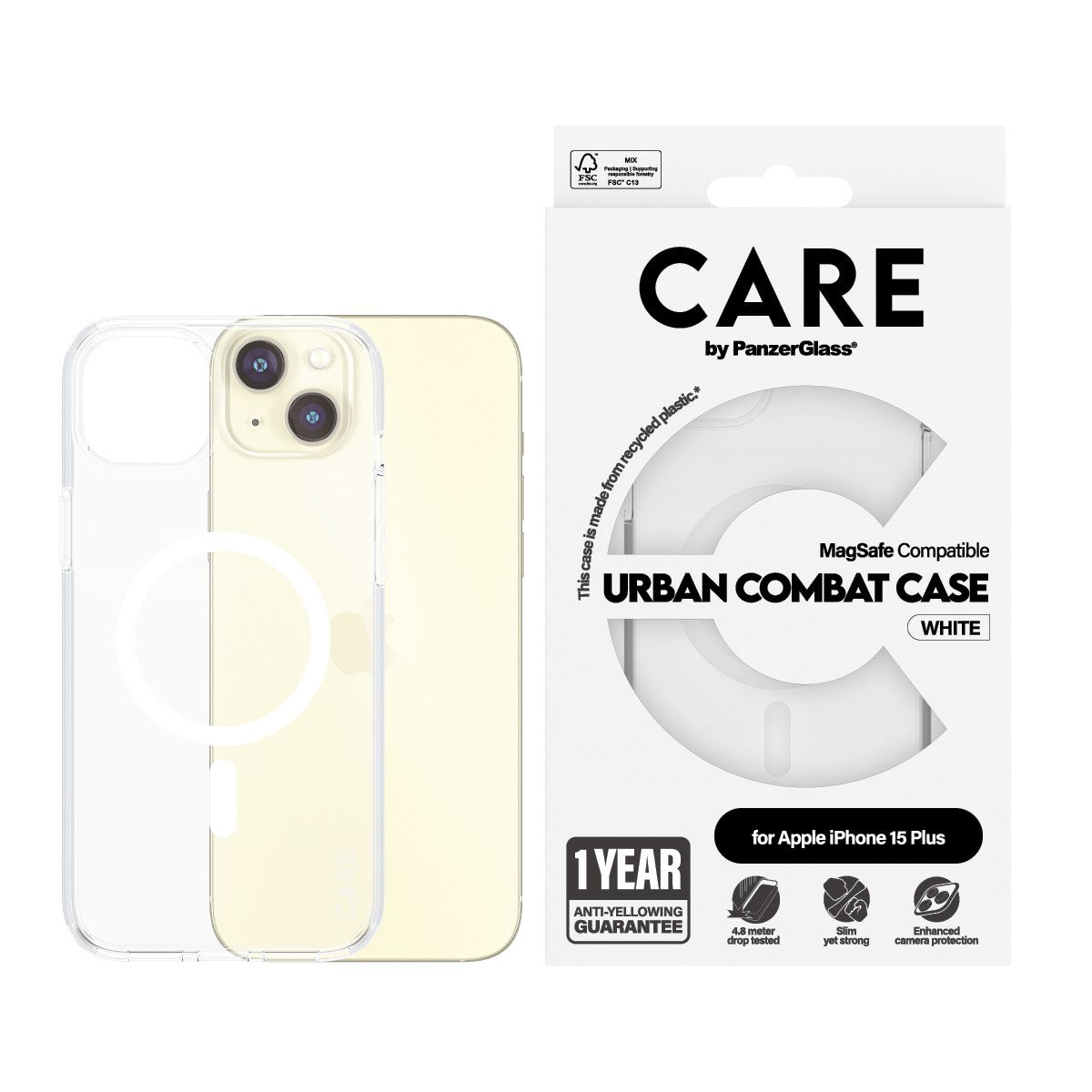 CARE by PanzerGlass® Urban Combat Case Transparent m. Hvid MagSafe iPhone 15 Plus