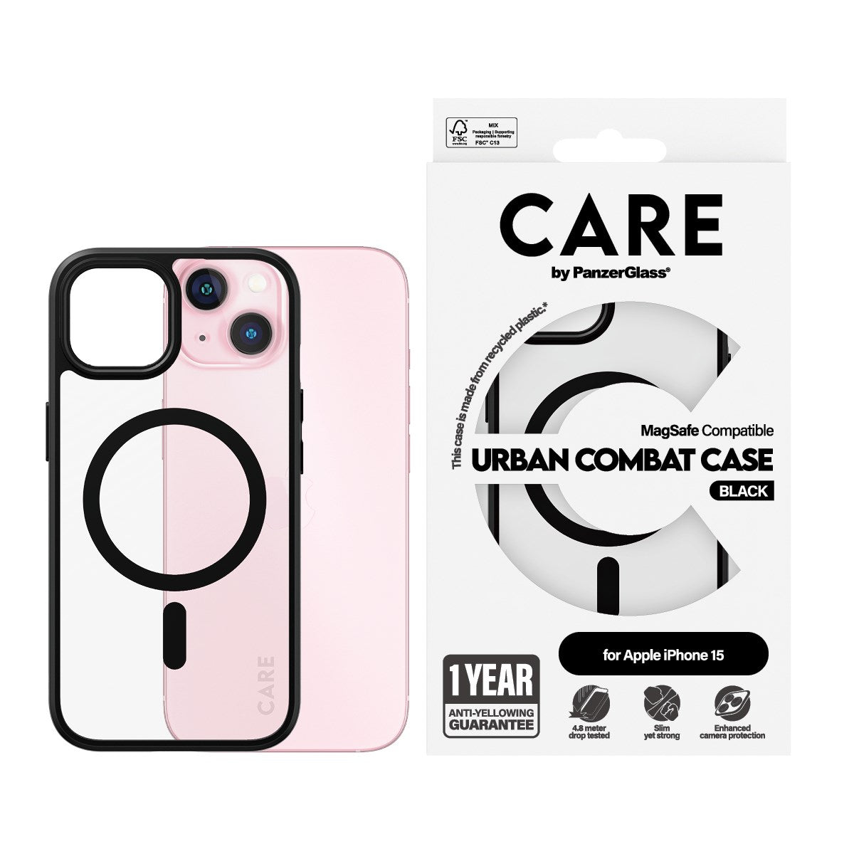 CARE by PanzerGlass® Urban Combat Case Transparent m. Sort MagSafe iPhone 15