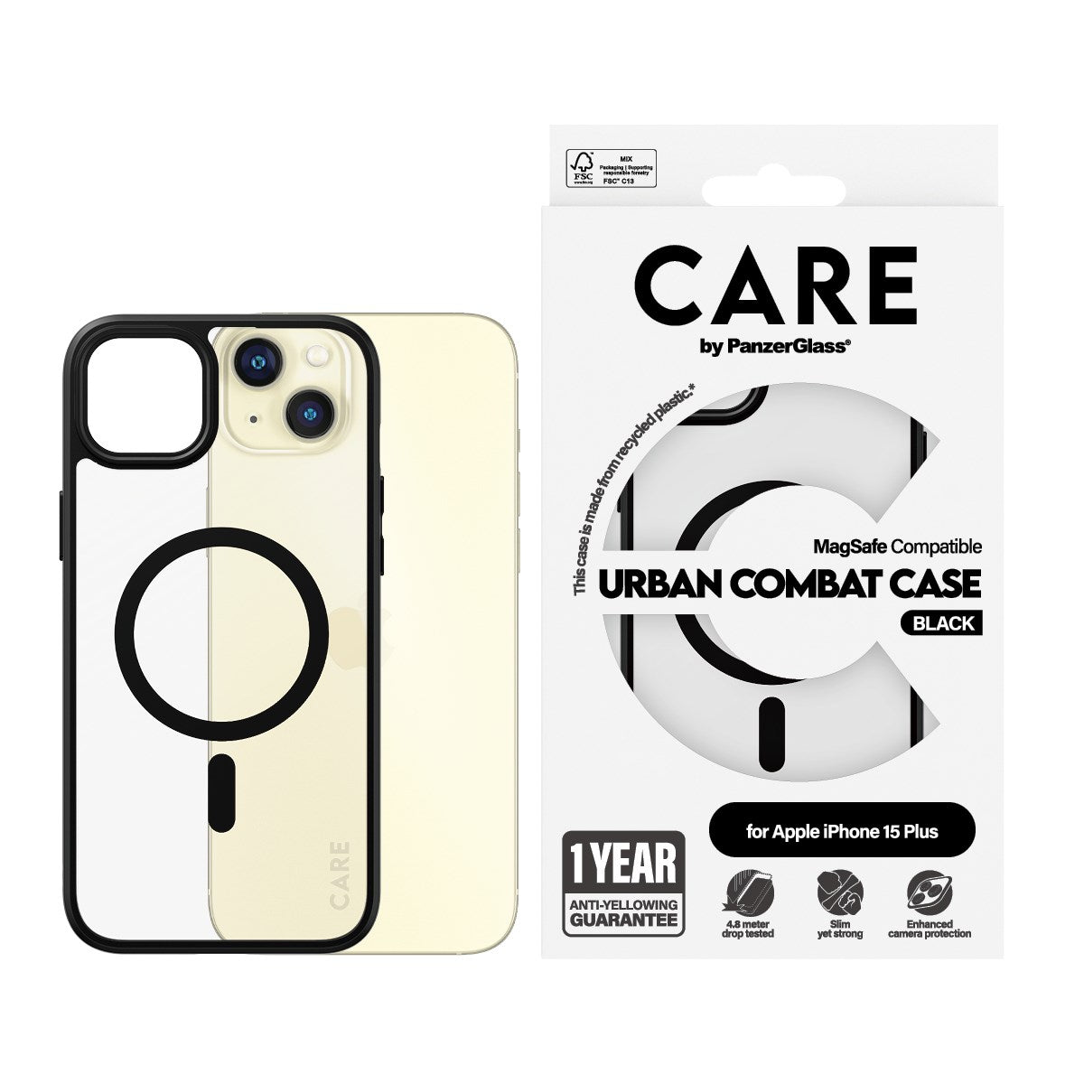 CARE by PanzerGlass® Urban Combat Case Transparent m. Sort MagSafe iPhone 15 Plus