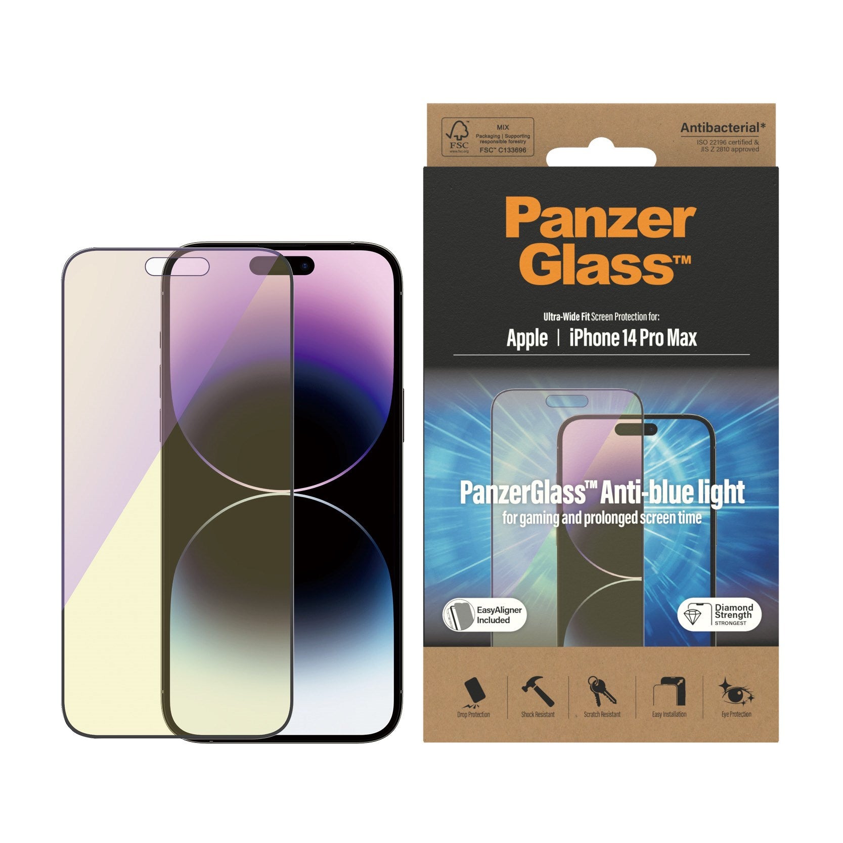 PanzerGlass® Anti-blue light Skærmbeskyttelse iPhone 14 Pro Max | Ultra-Wide Fit m. EasyAligner