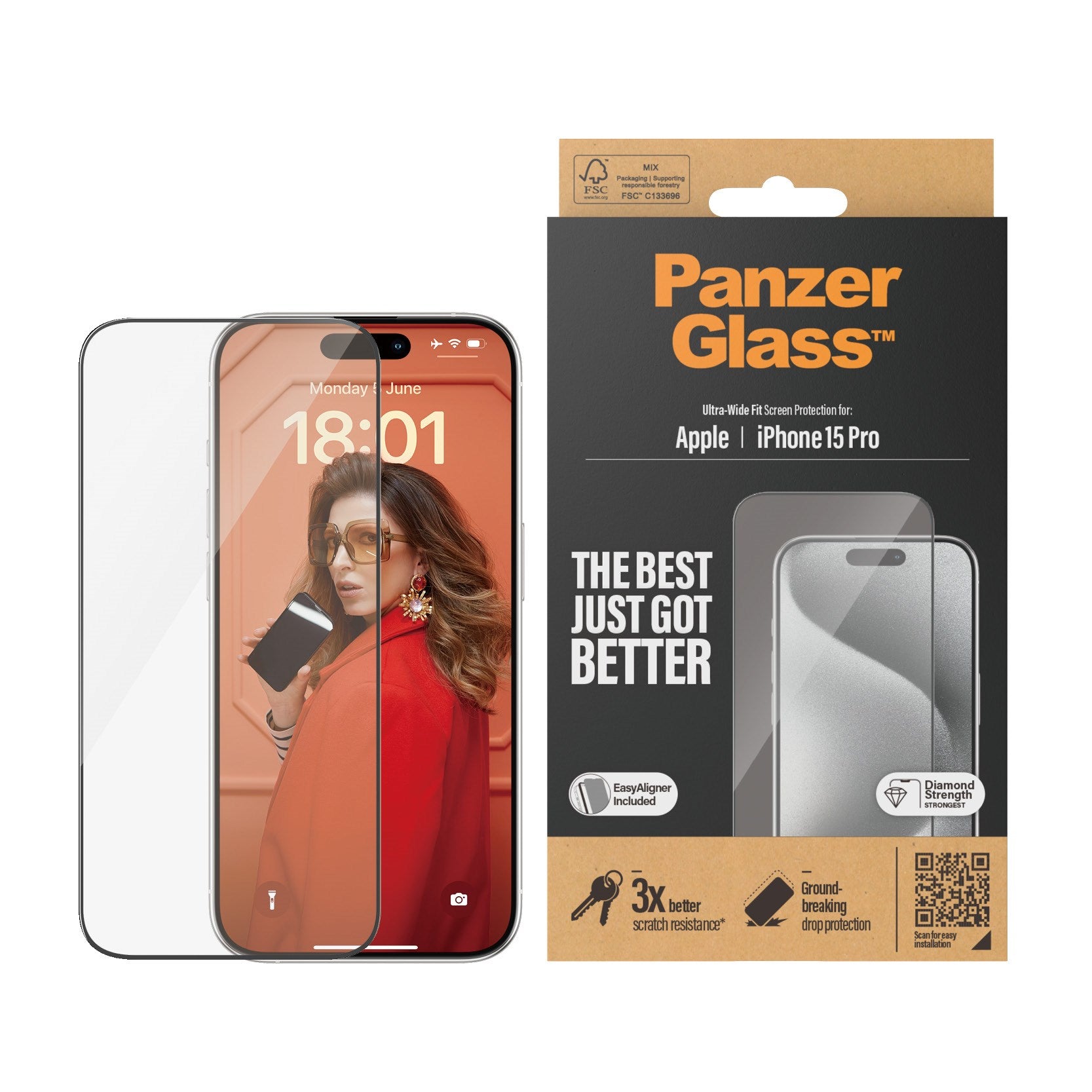 PanzerGlass® Skærmbeskyttelse iPhone 15 Pro | Ultra-Wide Fit m. EasyAligner