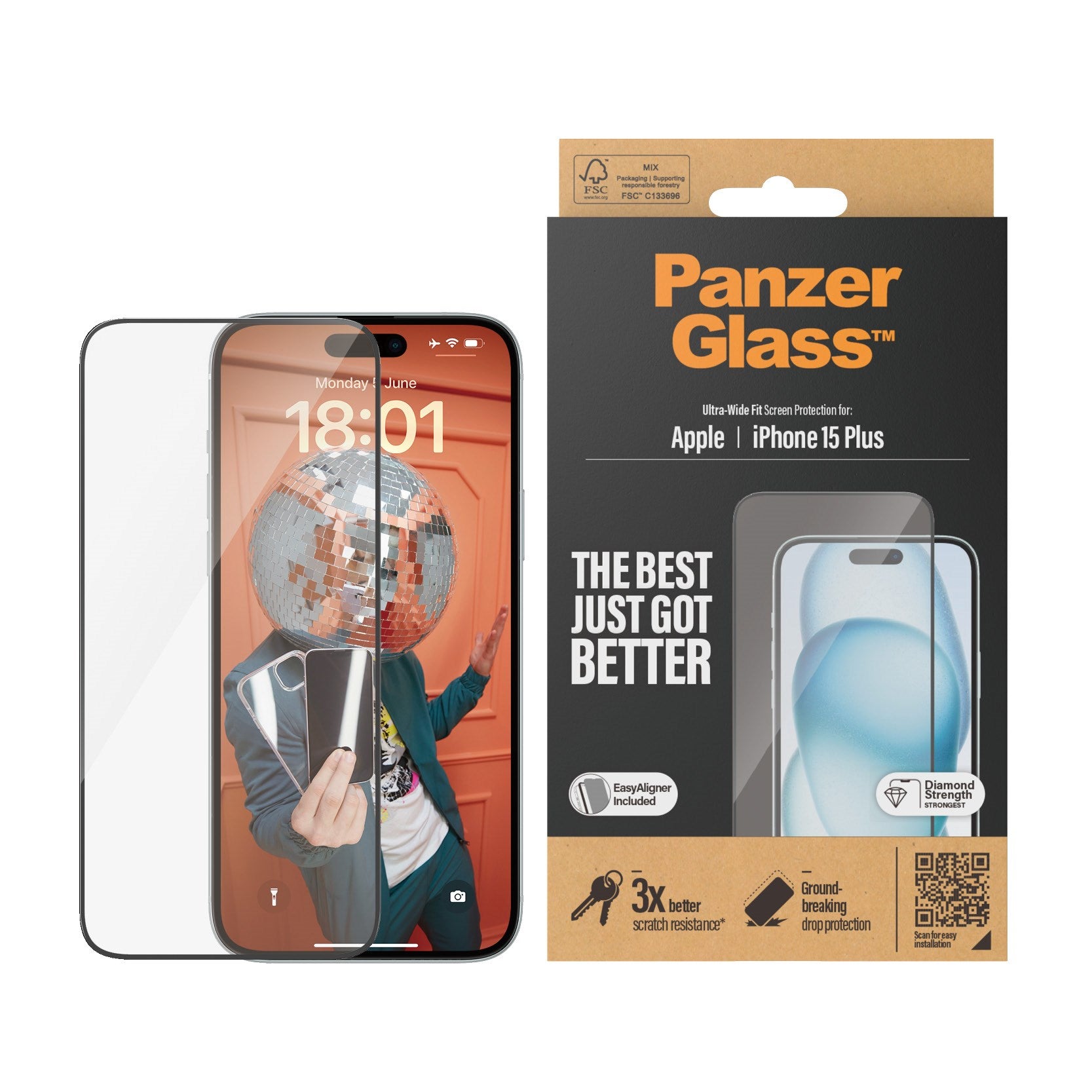PanzerGlass® Skærmbeskyttelse iPhone 15 Plus | Ultra-Wide Fit m. EasyAligner