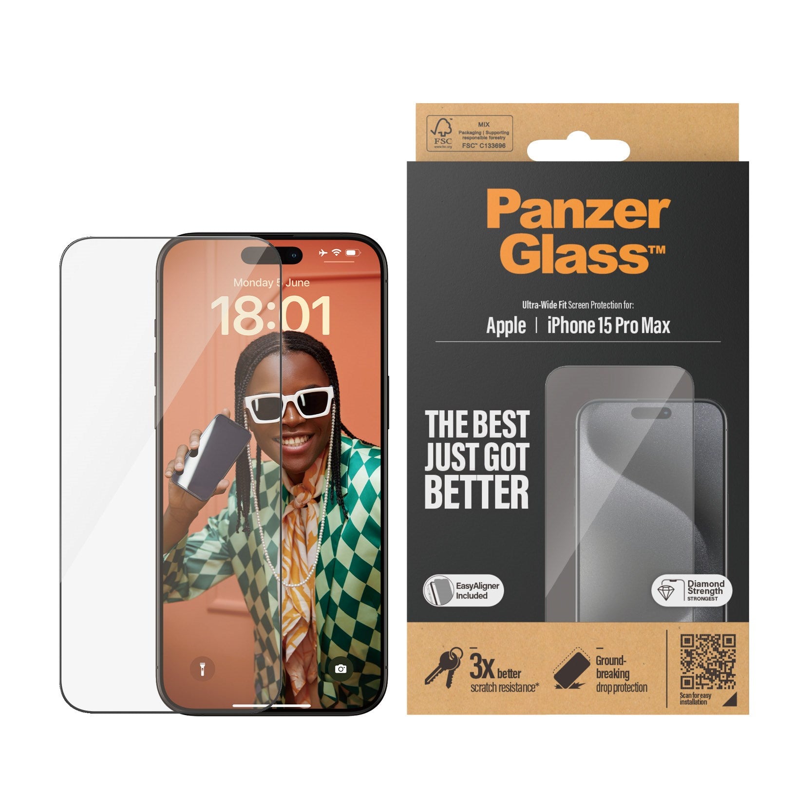 PanzerGlass® Skærmbeskyttelse iPhone 15 Pro Max | Ultra-Wide Fit m. EasyAligner