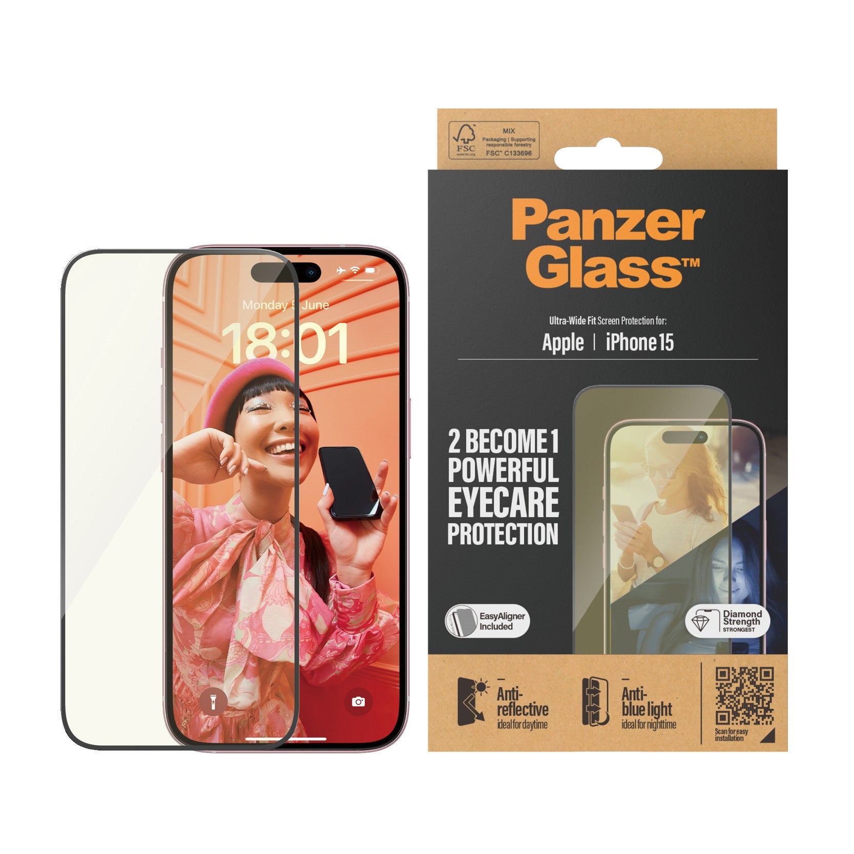 PanzerGlass® Eyecare Skærmbeskyttelse iPhone 15 | Ultra-Wide Fit m. EasyAligner