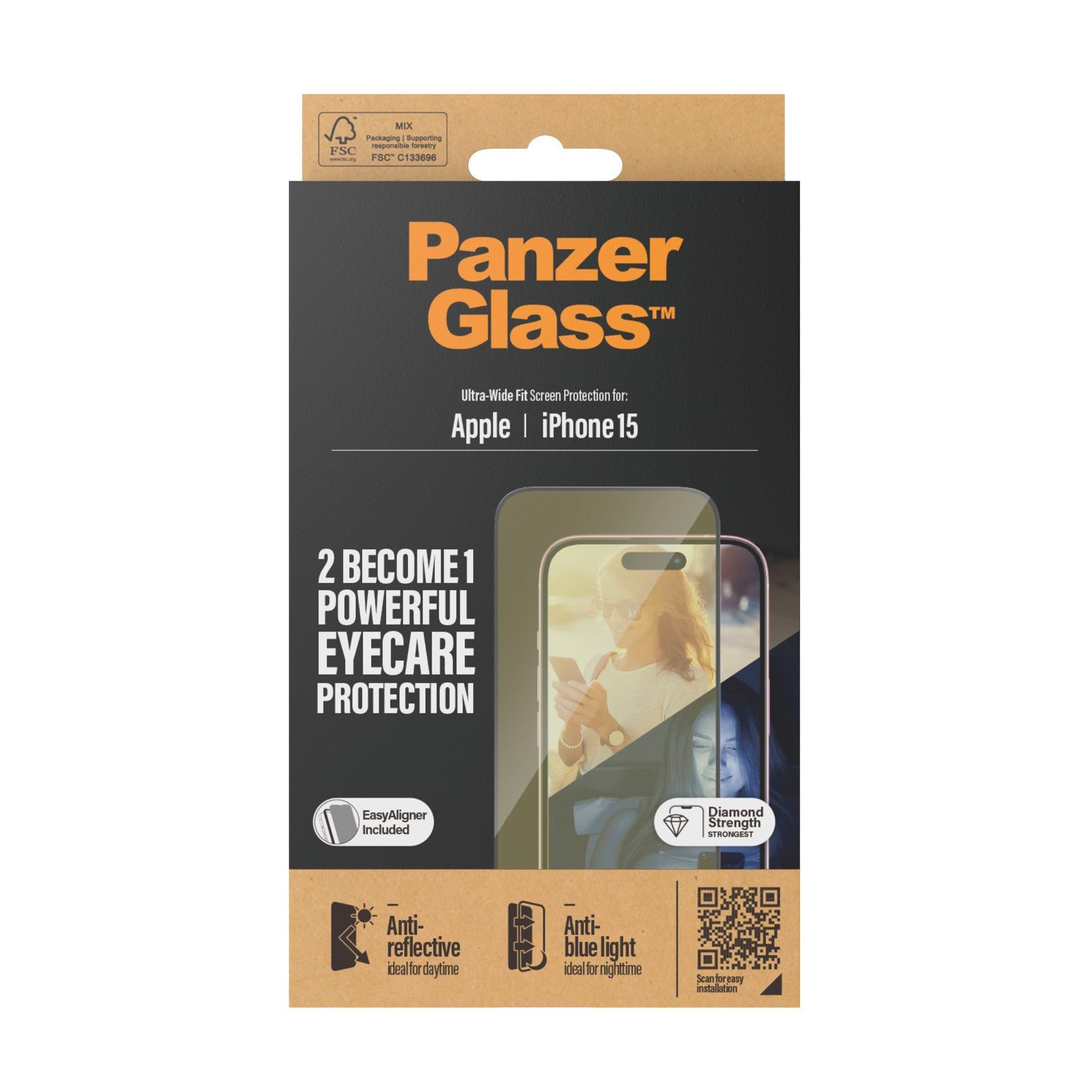 PanzerGlass® Eyecare Skærmbeskyttelse iPhone 15 | Ultra-Wide Fit m. EasyAligner