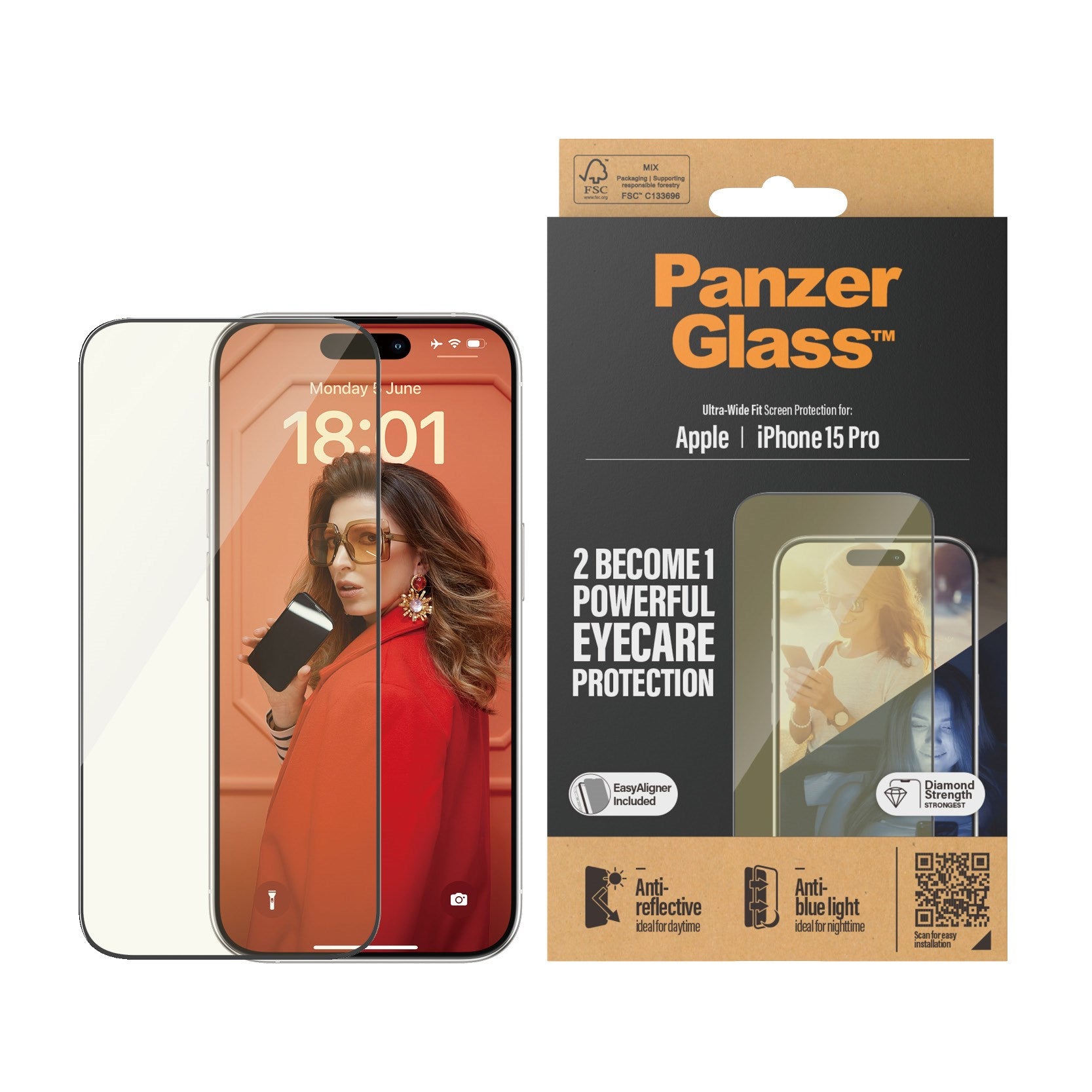 PanzerGlass® Eyecare Skærmbeskyttelse iPhone 15 Pro | Ultra-Wide Fit m. EasyAligner
