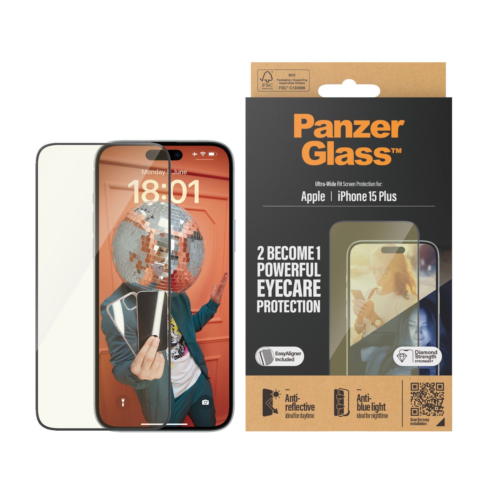 PanzerGlass® Eyecare Skærmbeskyttelse iPhone 15 Plus | Ultra-Wide Fit m. EasyAligner
