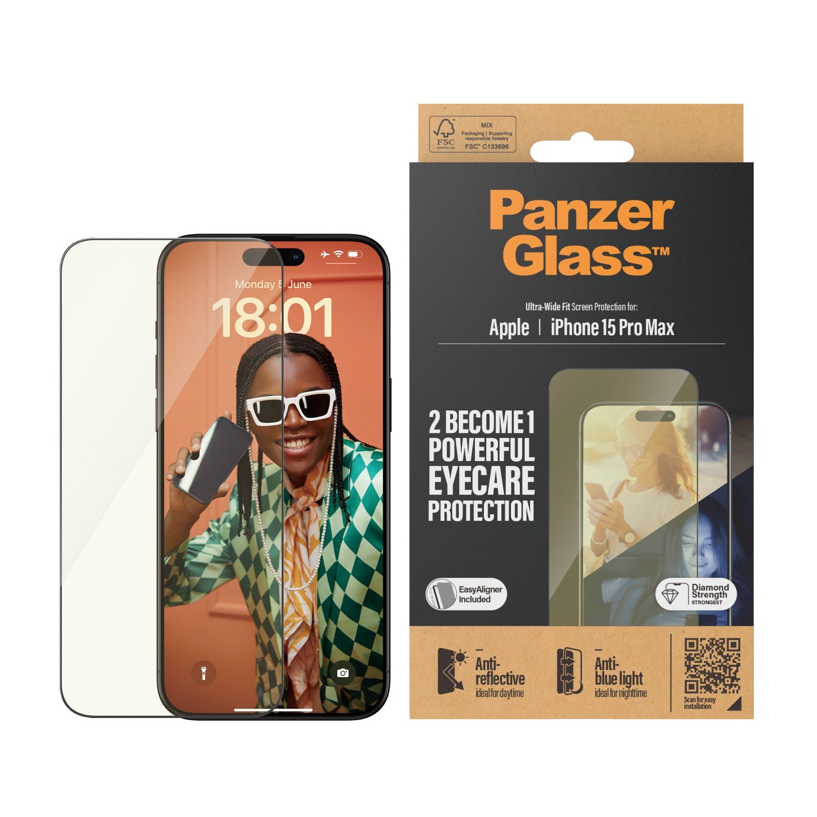 PanzerGlass® Eyecare Skærmbeskyttelse iPhone 15 Pro Max | Ultra-Wide Fit