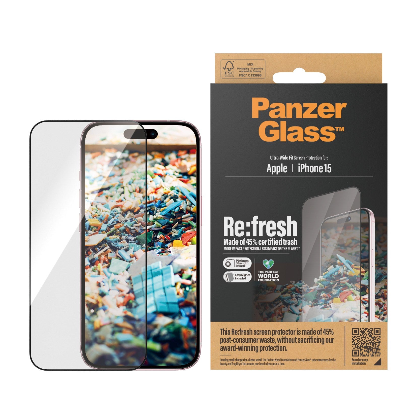 PanzerGlass® Re:fresh Skærmbeskyttelse iPhone 15 | Ultra-Wide Fit m. EasyAligner
