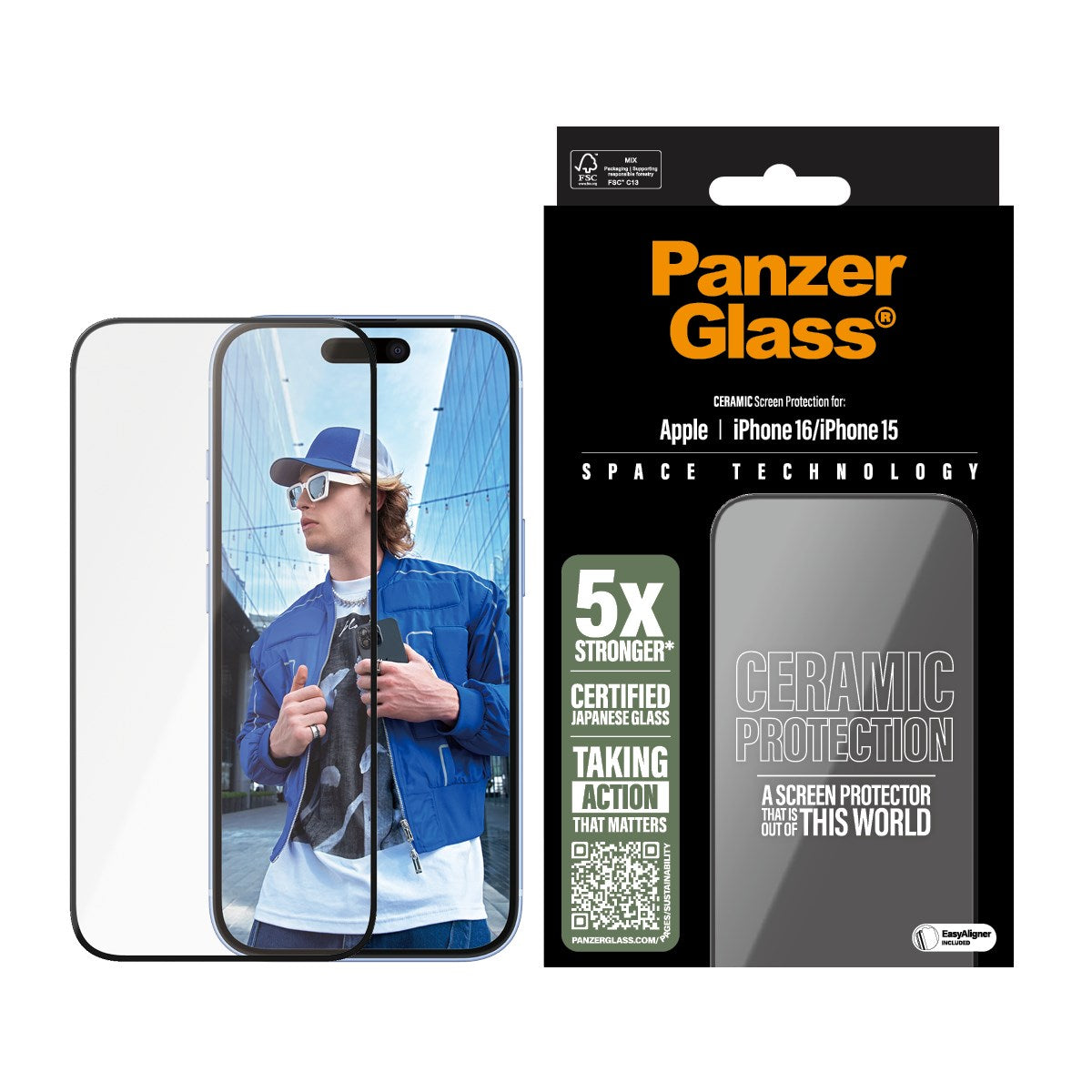 PanzerGlass® Ceramic Skærmbeskyttelse iPhone 16 | 15 | Ultra-Wide Fit m. EasyAligner