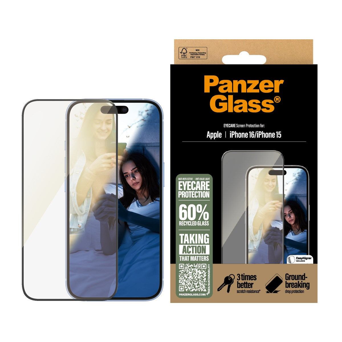 PanzerGlass® EyeCare Skærmbeskyttelse iPhone 16 | 15 | Ultra-Wide Fit