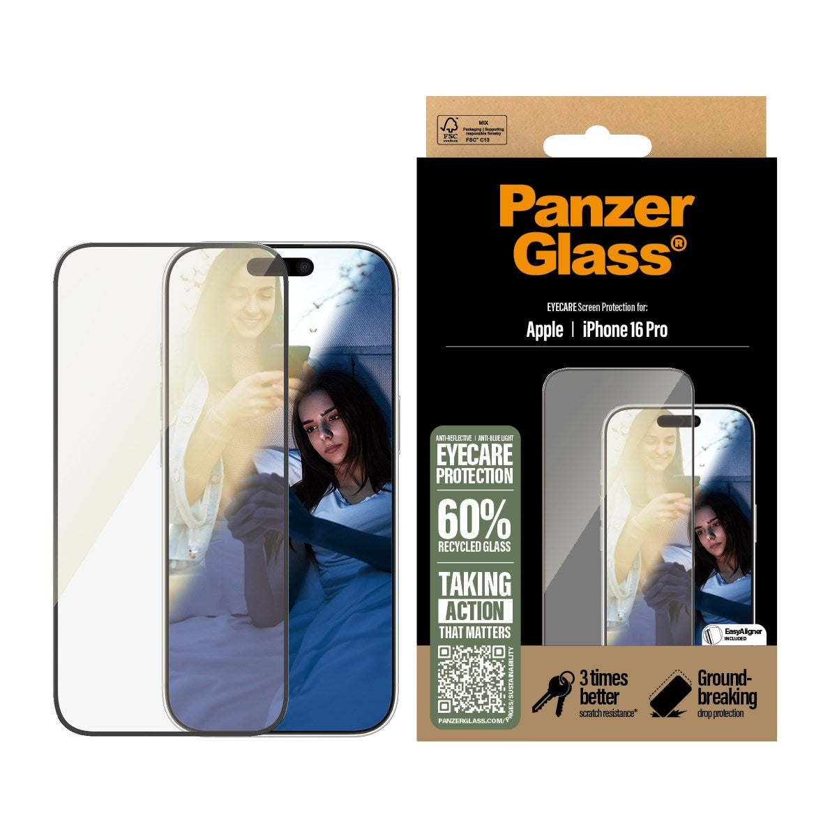 PanzerGlass® EyeCare Skærmbeskyttelse iPhone 16 Pro | Ultra-Wide Fit
