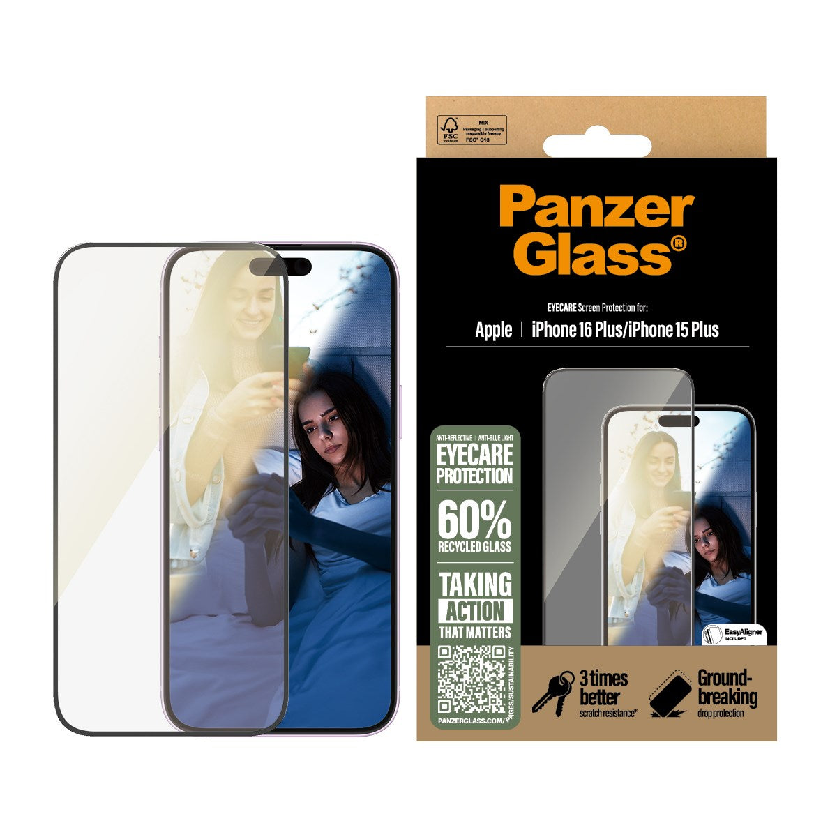 PanzerGlass® EyeCare Skærmbeskyttelse iPhone 16 Plus | 15 Plus | Ultra-Wide Fit