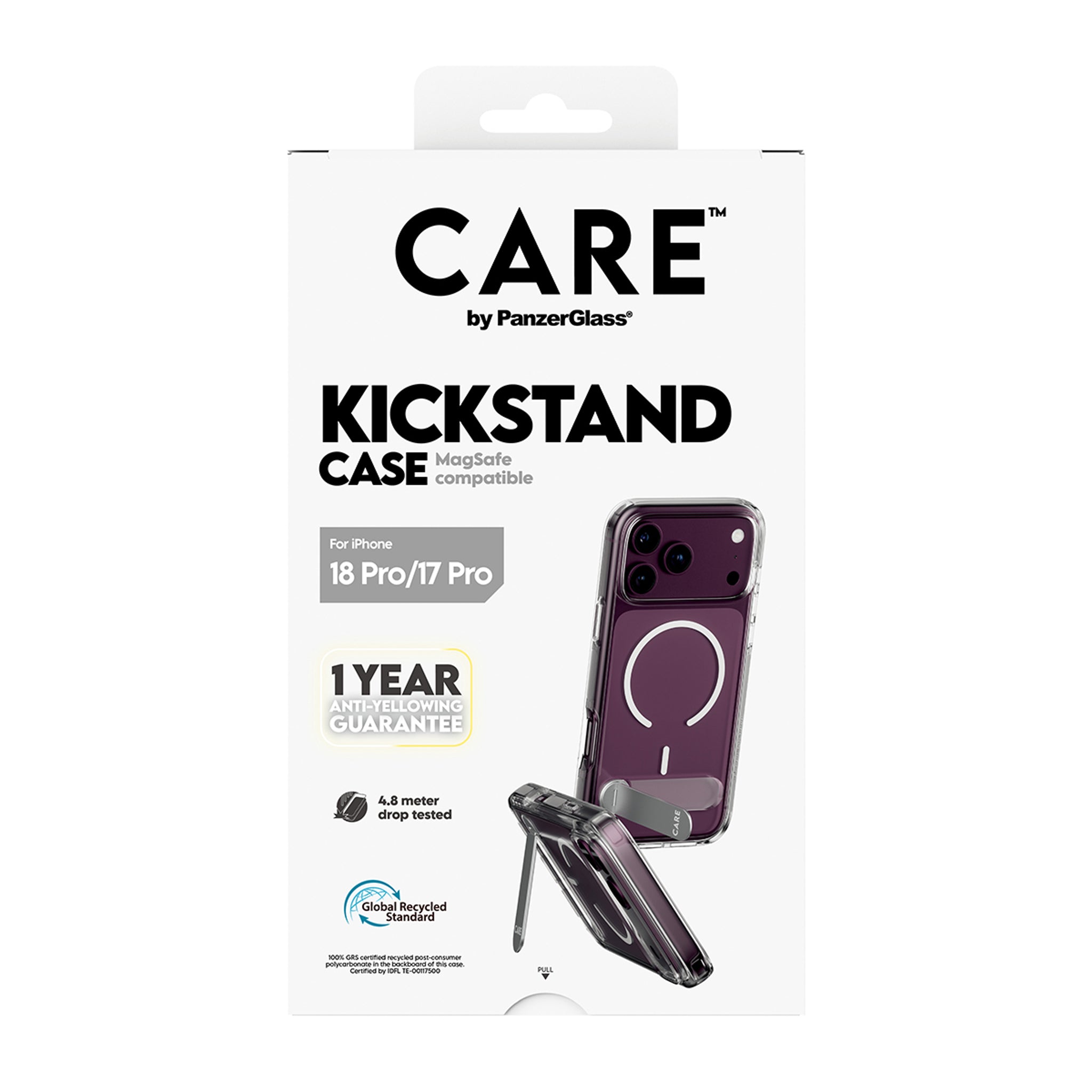 CARE™ by PanzerGlass® Kickstand Case Transparent m. Hvid MagSafe iPhone 18 Pro | 17 Pro