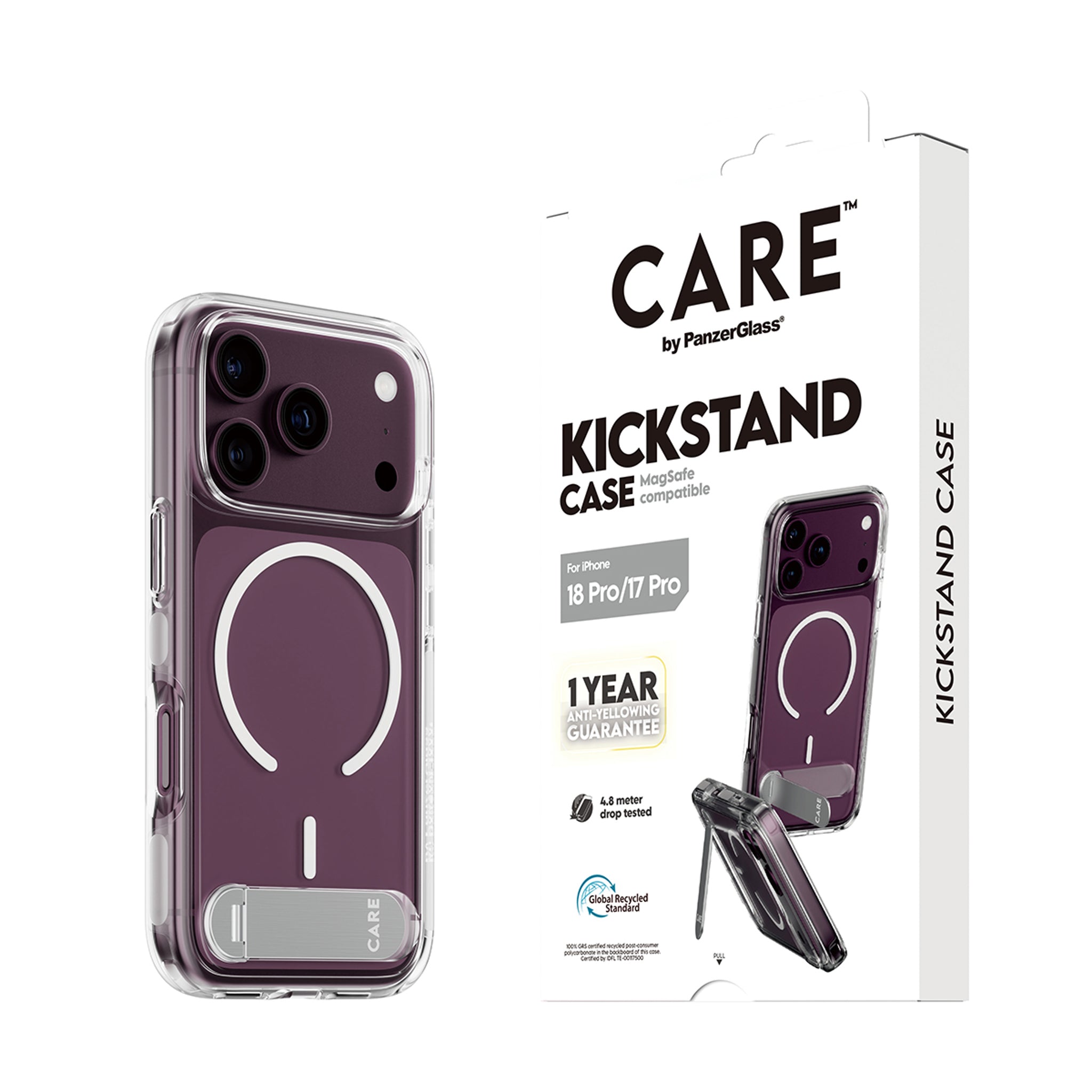 CARE™ by PanzerGlass® Kickstand Case Transparent m. Hvid MagSafe iPhone 18 Pro | 17 Pro