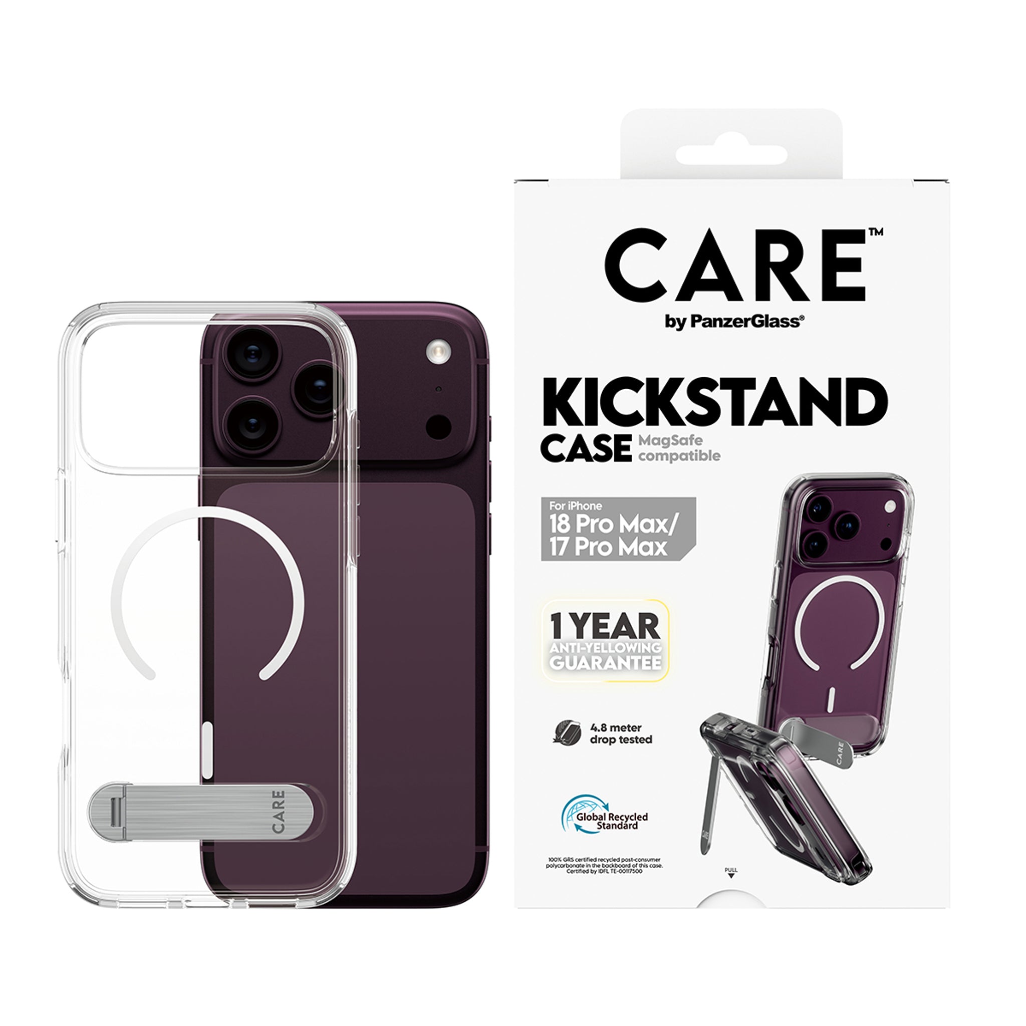 CARE™ by PanzerGlass® Kickstand Case Transparent m. Hvid MagSafe iPhone 18 Pro Max | 17 Pro Max