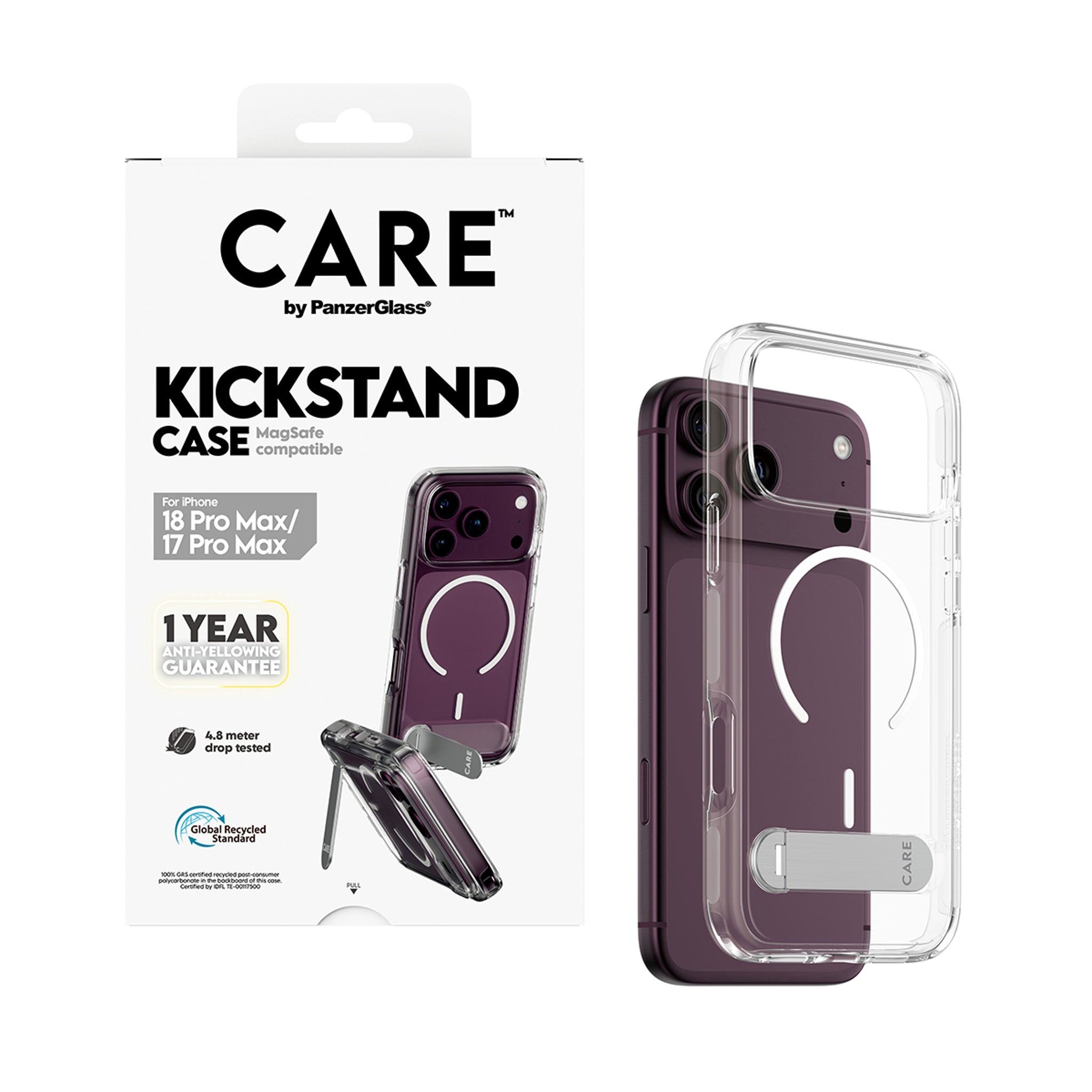 CARE™ by PanzerGlass® Kickstand Case Transparent m. Hvid MagSafe iPhone 18 Pro Max | 17 Pro Max