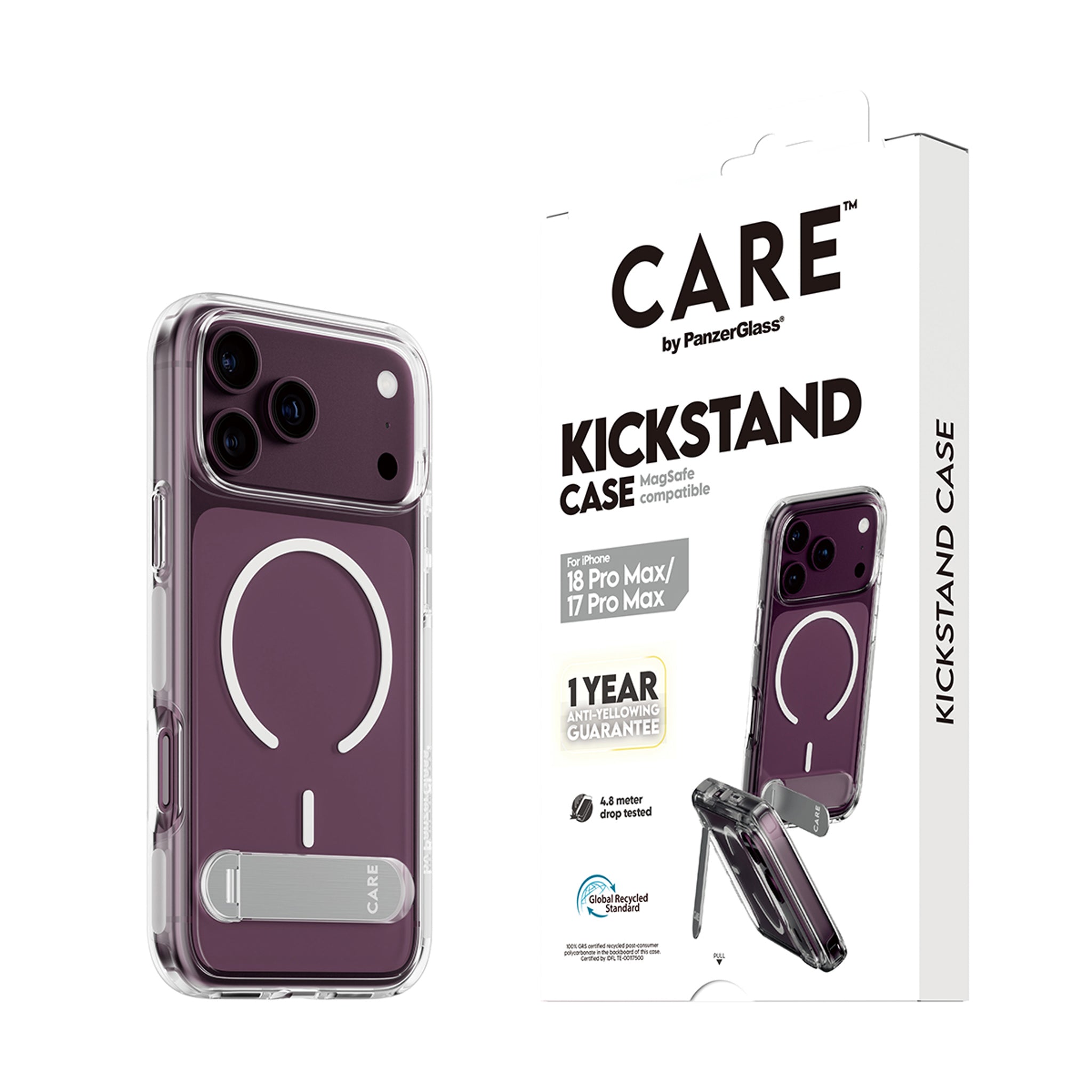 CARE™ by PanzerGlass® Kickstand Case Transparent m. Hvid MagSafe iPhone 18 Pro Max | 17 Pro Max