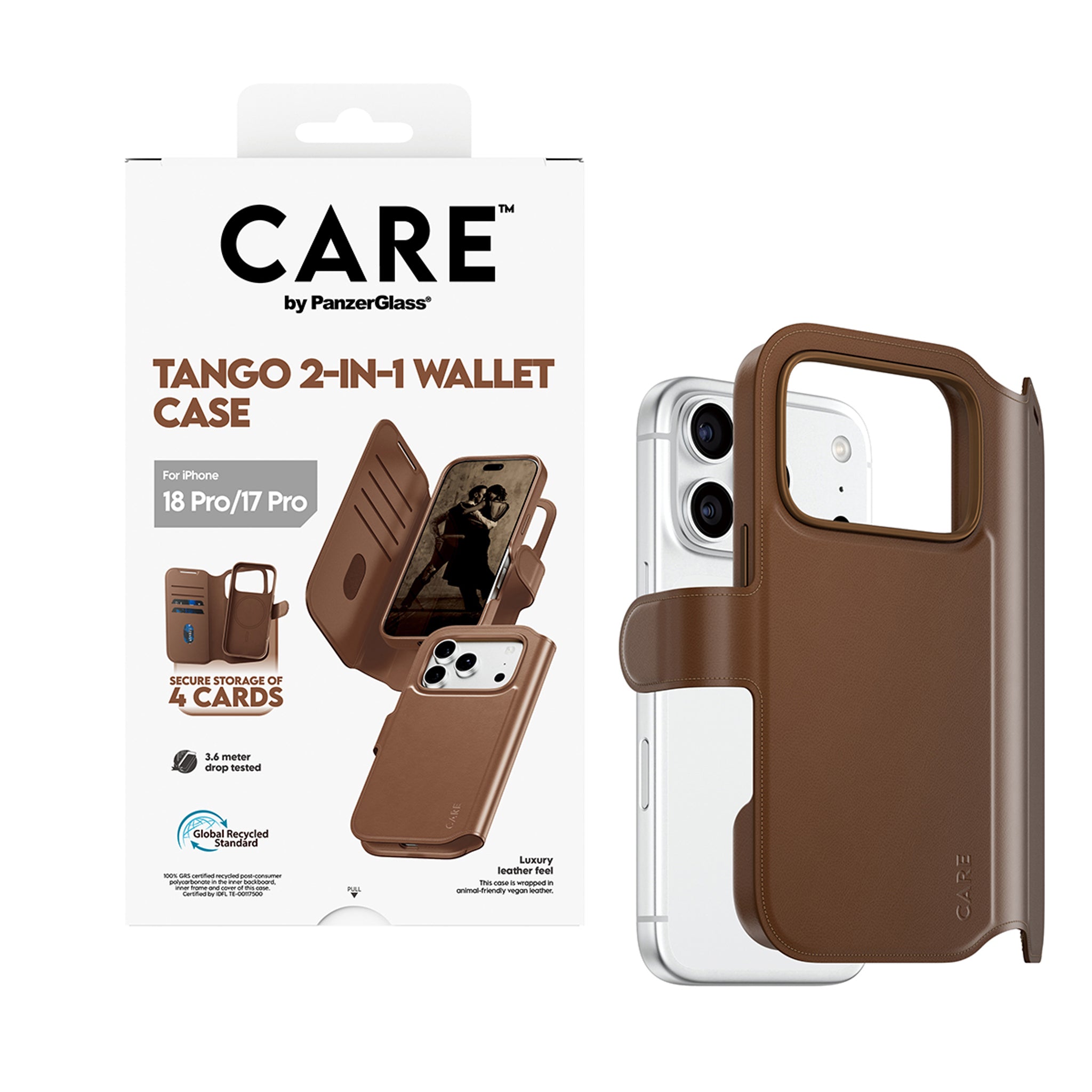 CARE™ by PanzerGlass® Tango 2-i-1 Wallet Case Brun m. MagSafe iPhone 18 Pro | 17 Pro