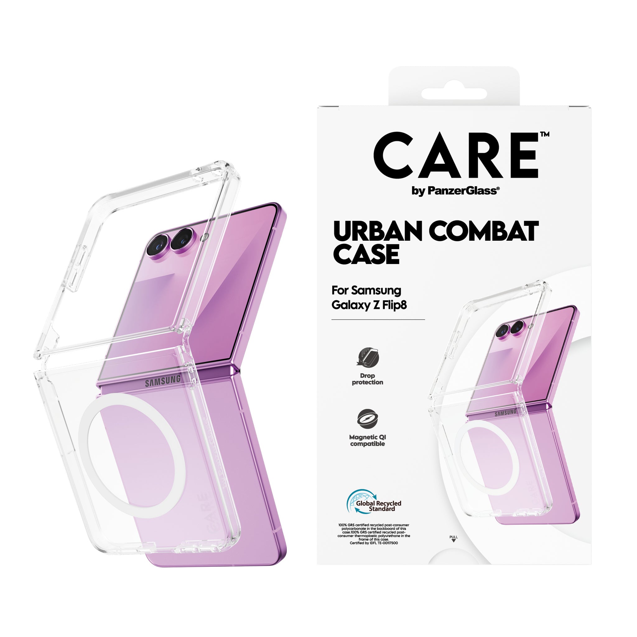 CARE™ by PanzerGlass® Urban Combat Case Transparent m. Hvid Qi Samsung Galaxy Z Flip7 | new Z Flip7