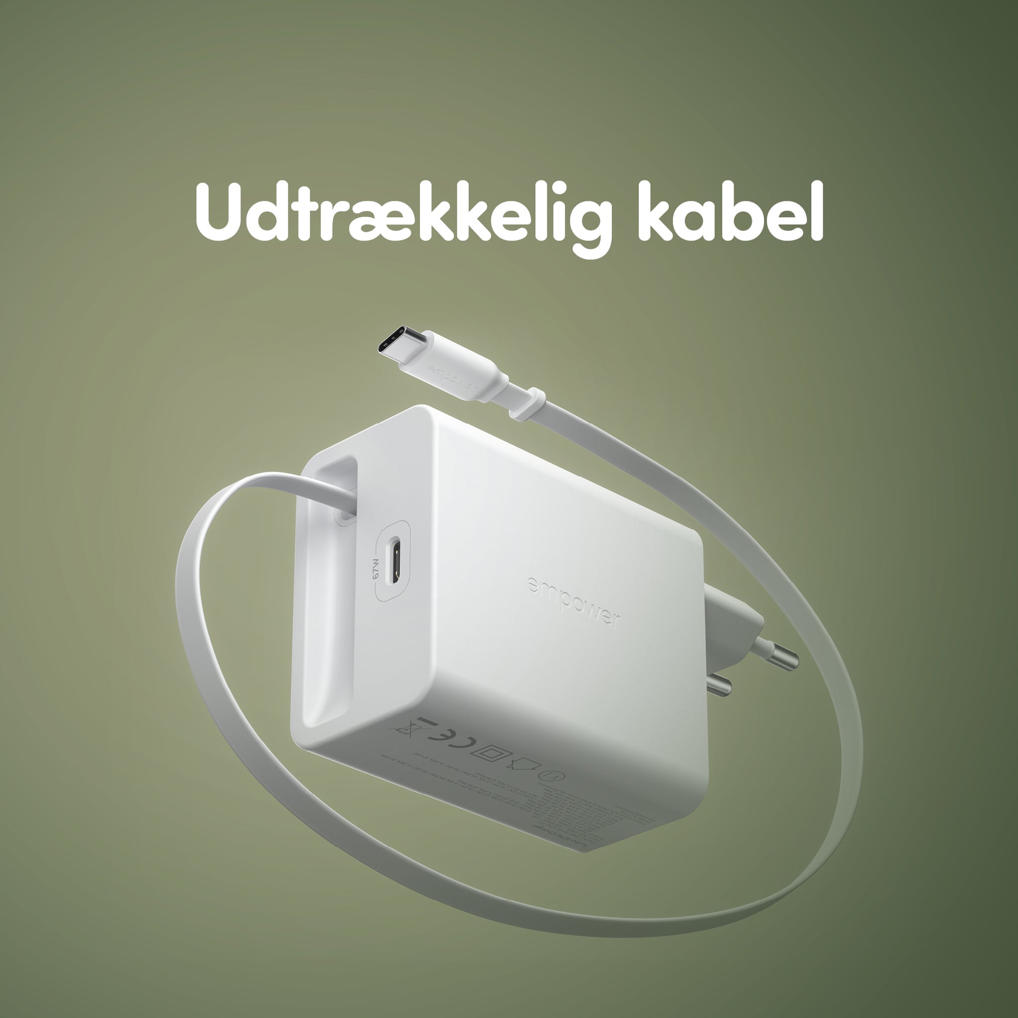 empower™ by PanzerGlass® Turbo 67W Retractable Cable Guy Oplader inkl. USB-C Kabel | EU Stik | Silver White